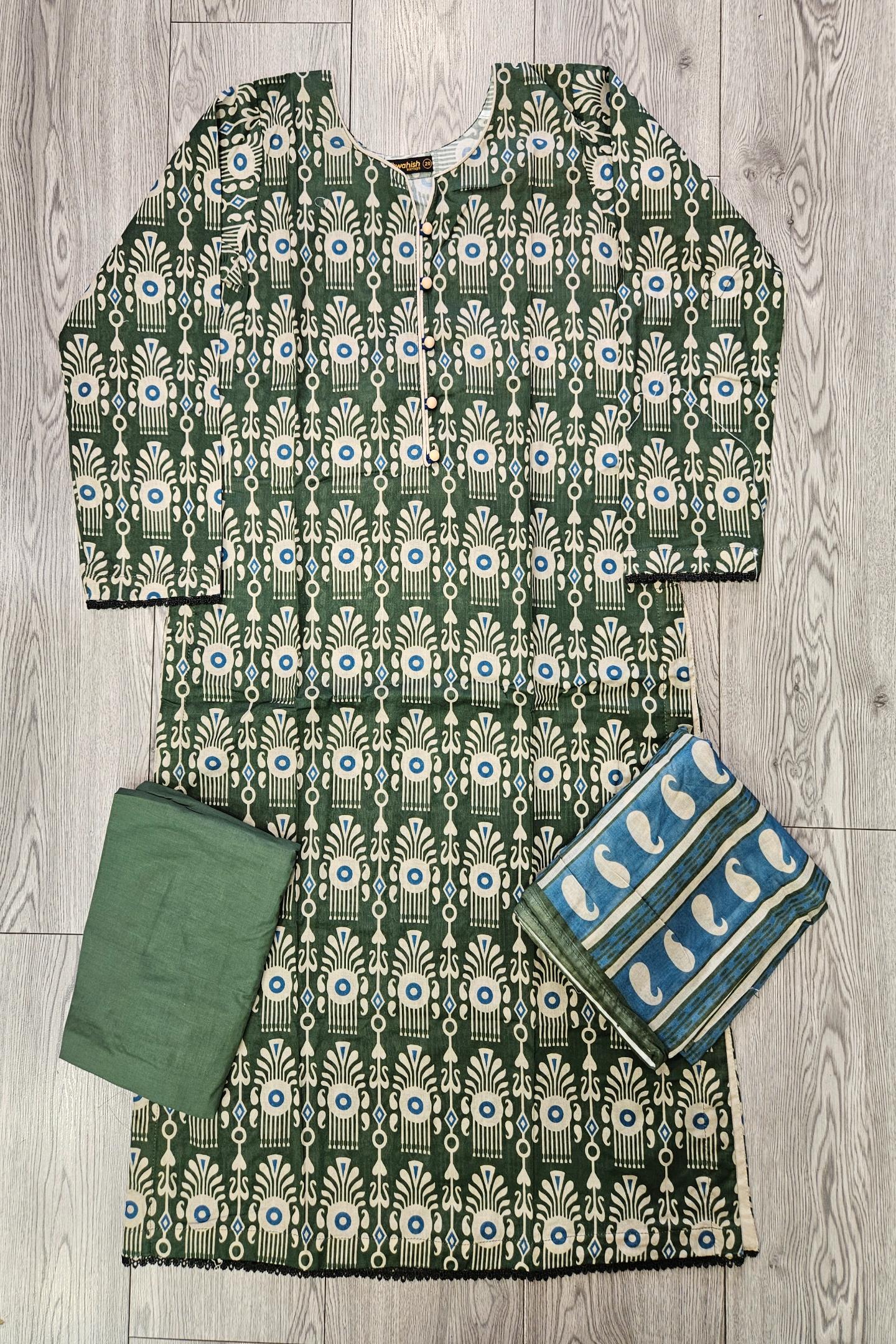 ALK Olive Green & Blue Paisley Shalwar Kameez | Cotton Pakistani Suit (M-7XL)