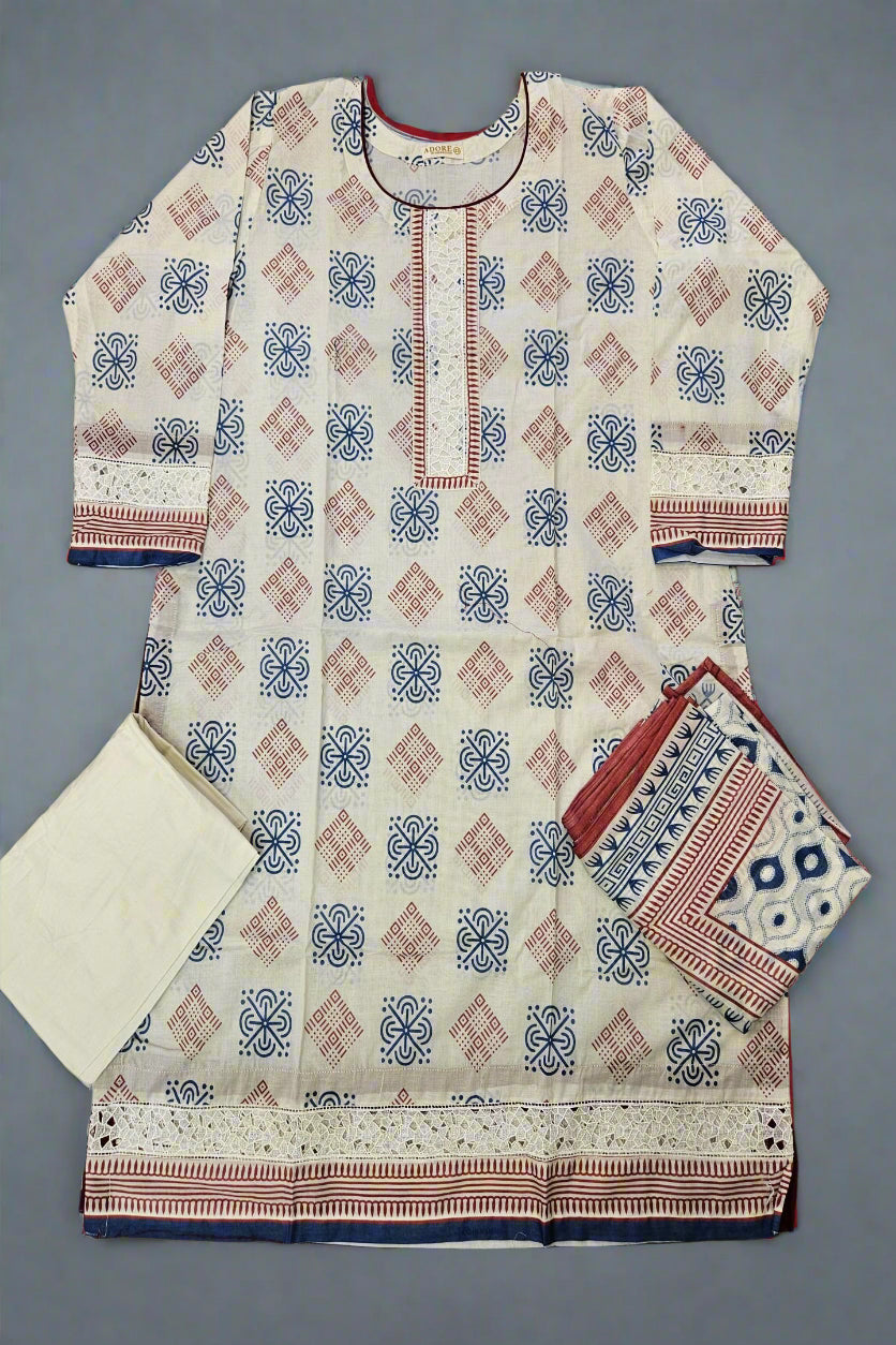 ALK's White Cotton Shalwar Kameez with Blue Red Print