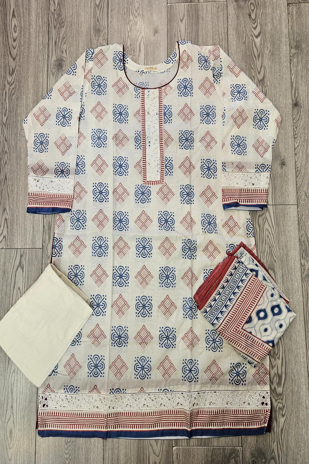 ALK's White Cotton Shalwar Kameez with Blue Red Print