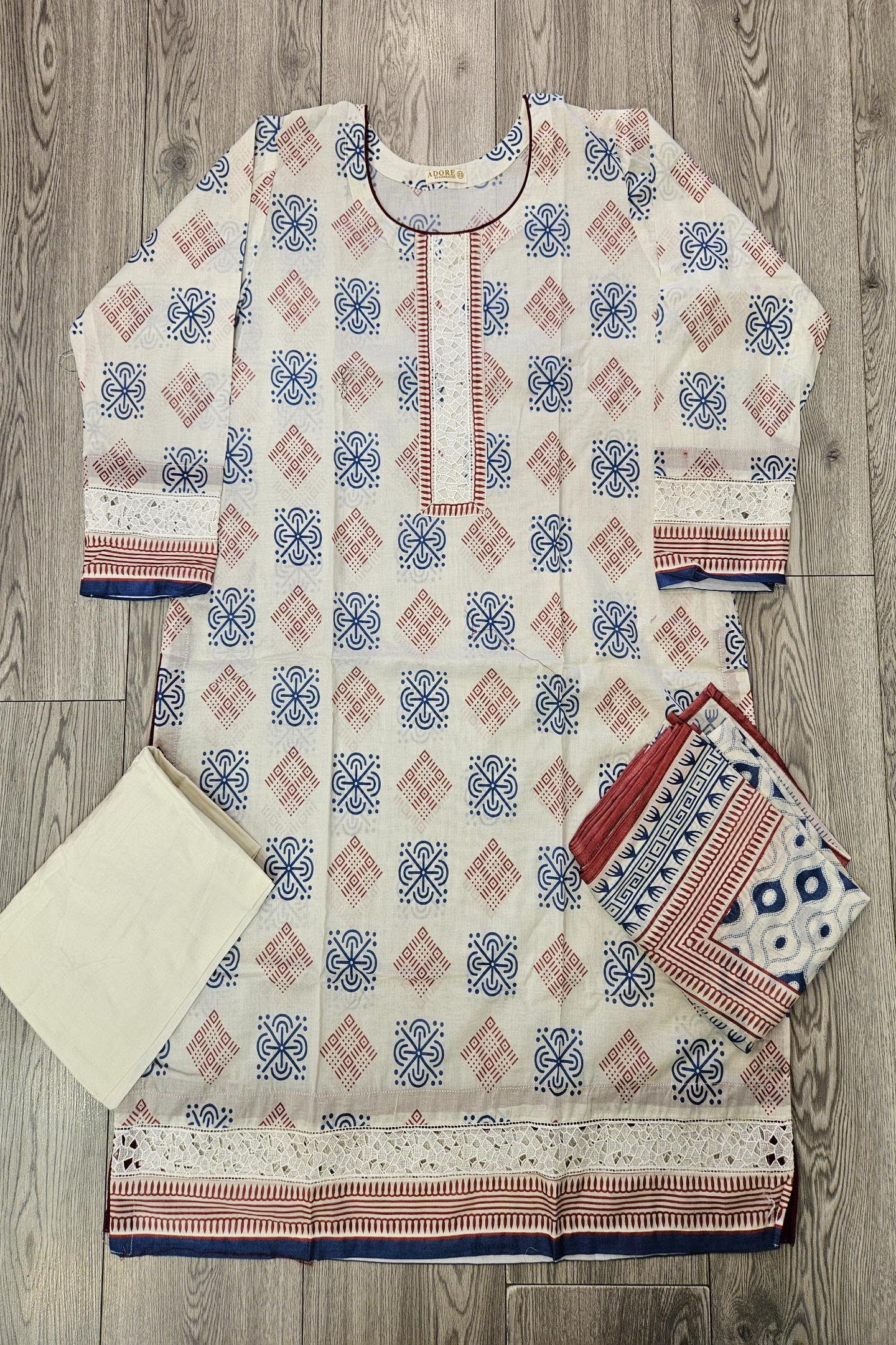 ALK's White Cotton Shalwar Kameez with Blue Red Print