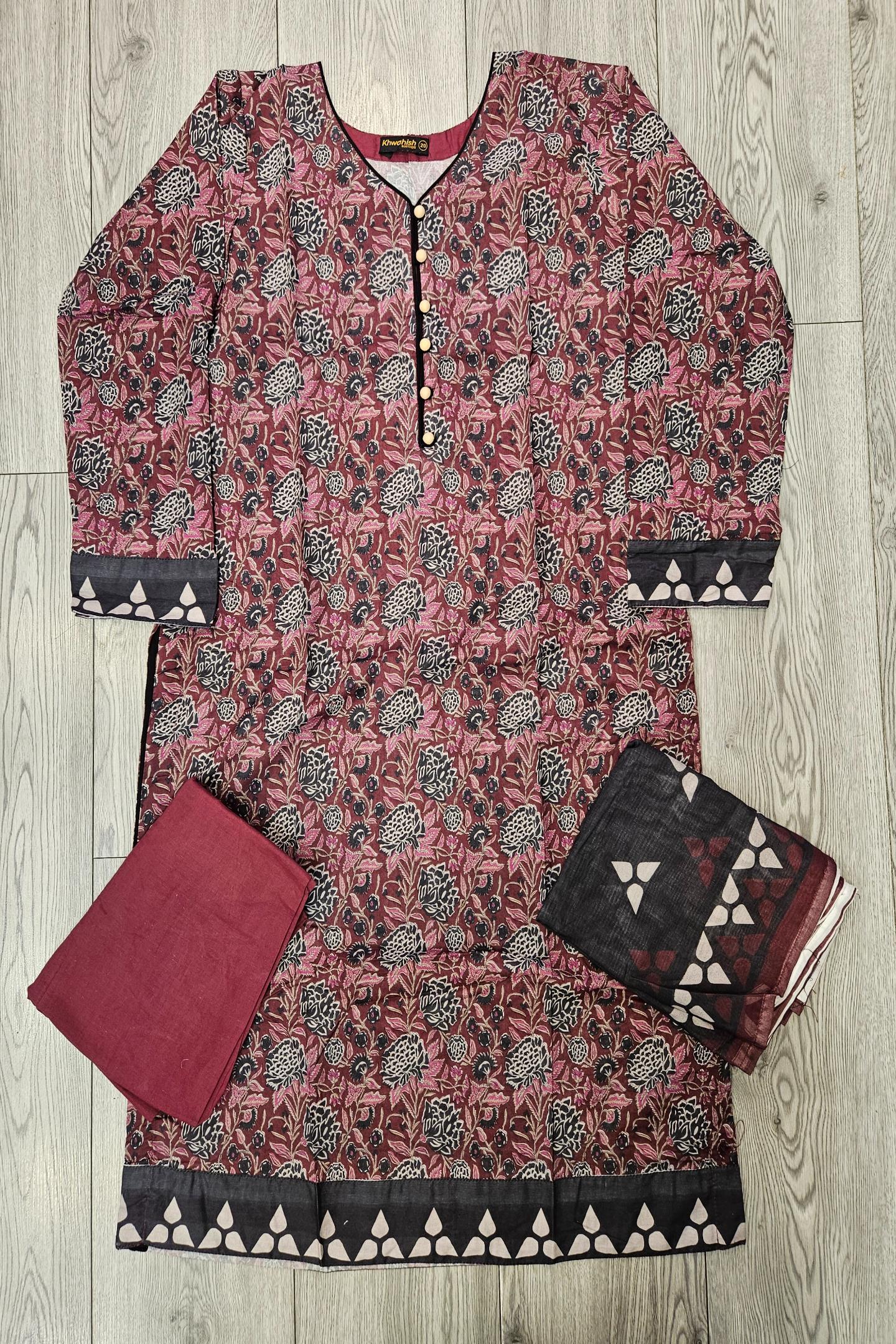 ALK Maroon & Black Floral Shalwar Kameez | Cotton Pakistani Suit (Sizes M-7XL)