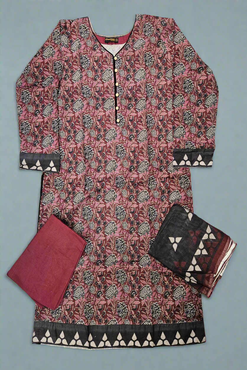 ALK Maroon & Black Floral Shalwar Kameez | Cotton Pakistani Suit (Sizes M-7XL)