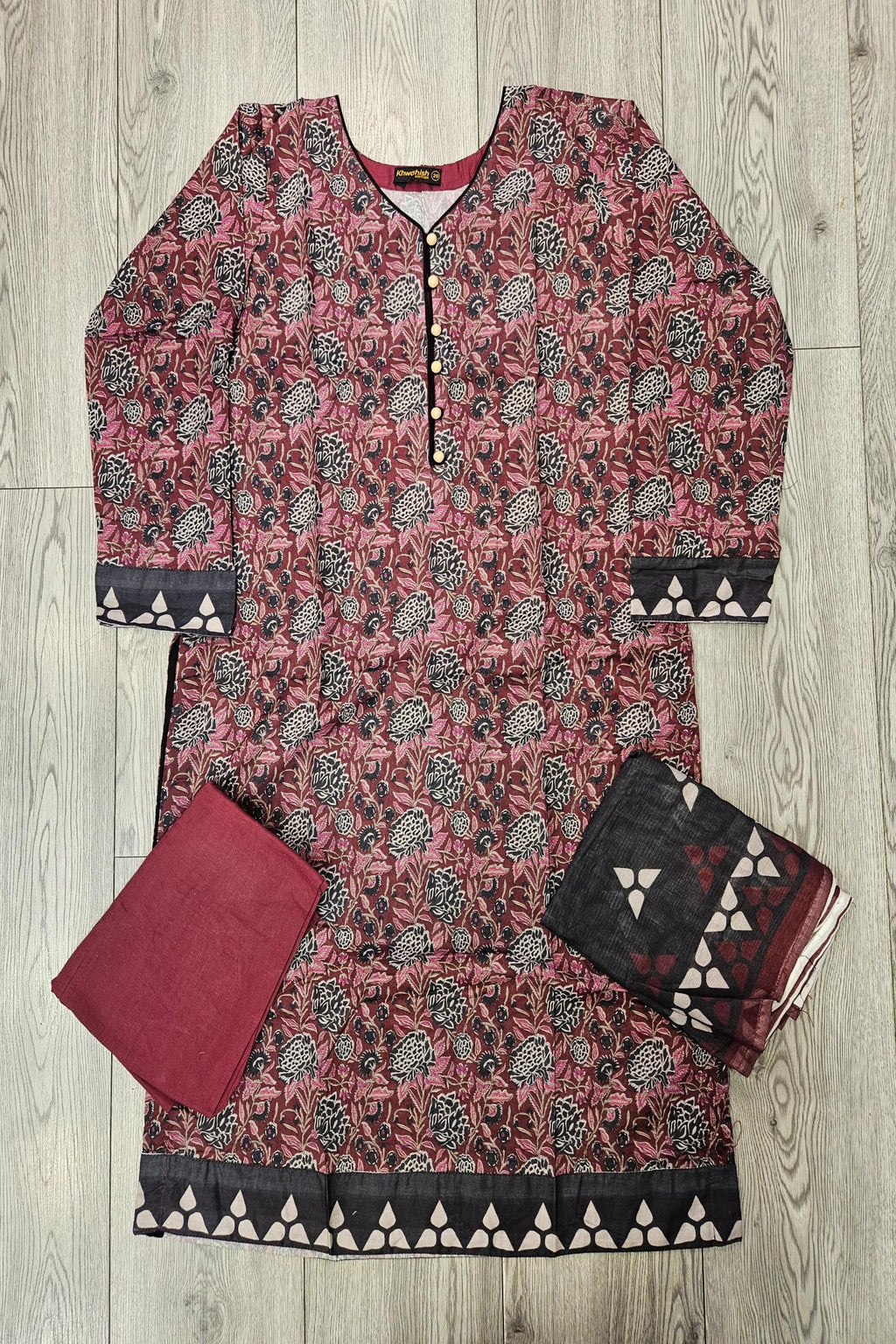 ALK Maroon & Black Floral Shalwar Kameez | Cotton Pakistani Suit (Sizes M-7XL)