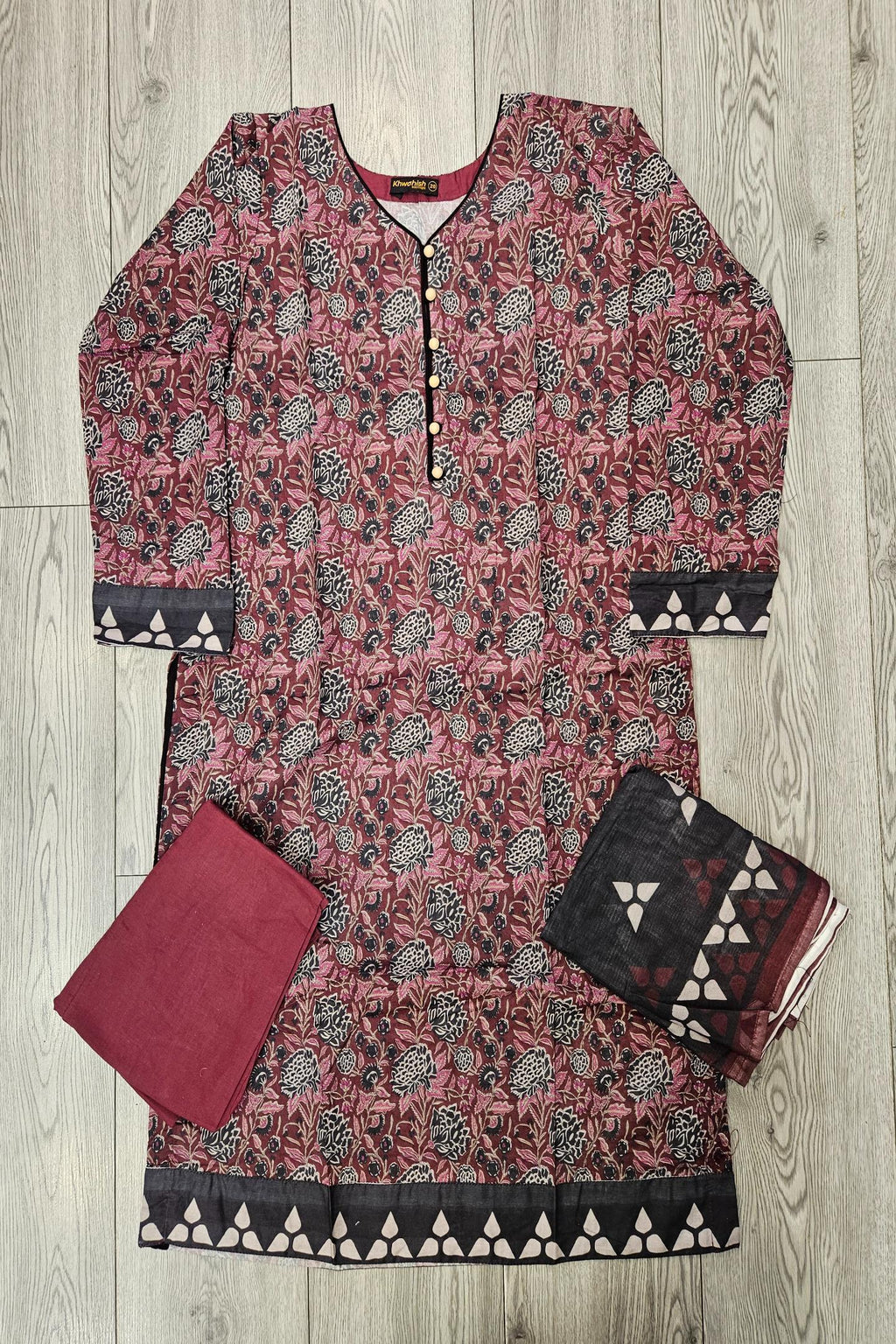 ALK Maroon & Black Floral Shalwar Kameez | Cotton Pakistani Suit (Sizes M-7XL)