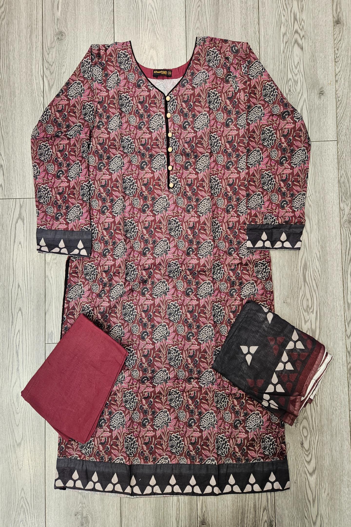 ALK Maroon & Black Floral Shalwar Kameez | Cotton Pakistani Suit (Sizes M-7XL)