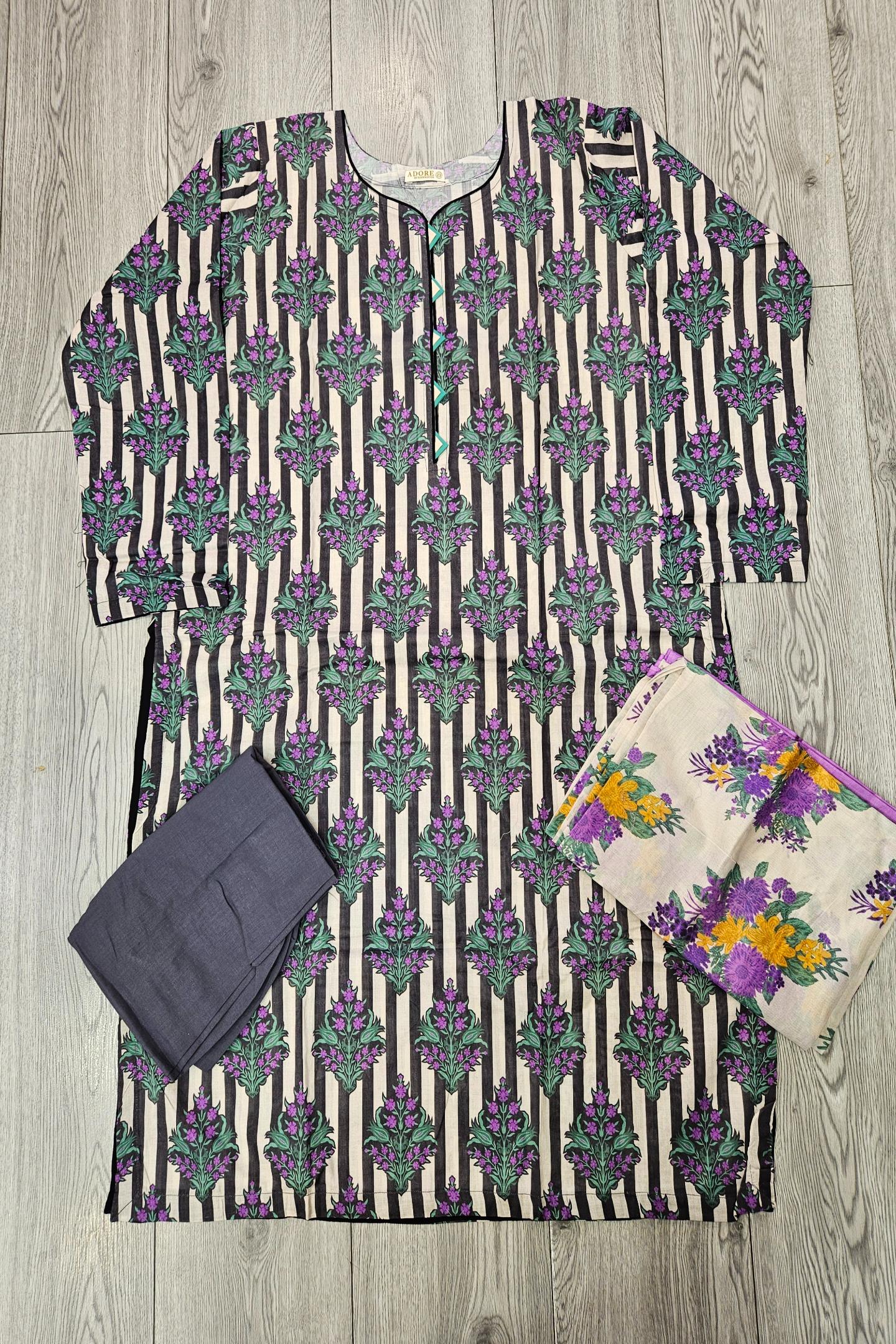 ALK Black & Grape Floral Shalwar Kameez | Cotton Pakistani Suit (Sizes M-7XL)