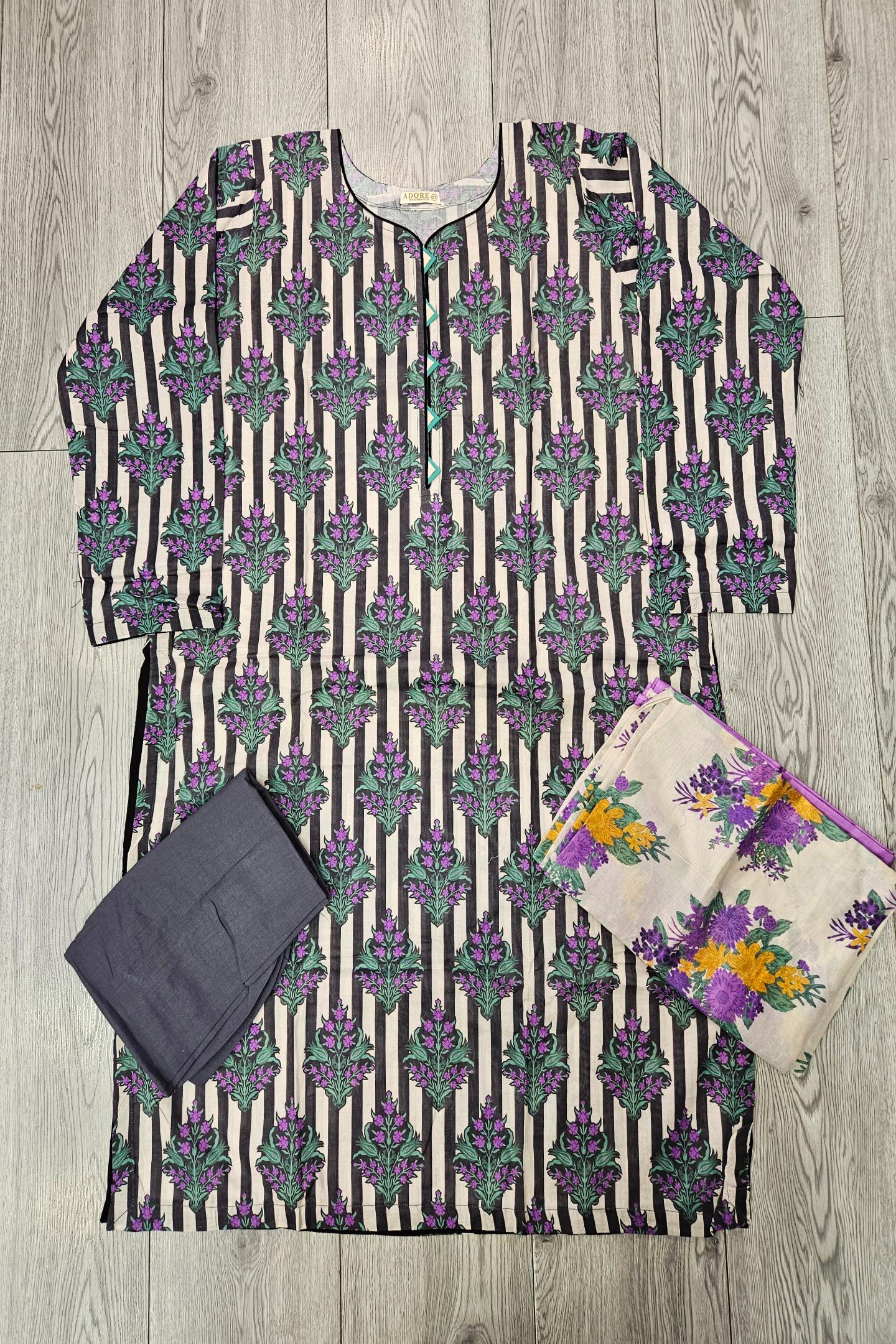 ALK Black & Grape Floral Shalwar Kameez | Cotton Pakistani Suit (Sizes M-7XL)