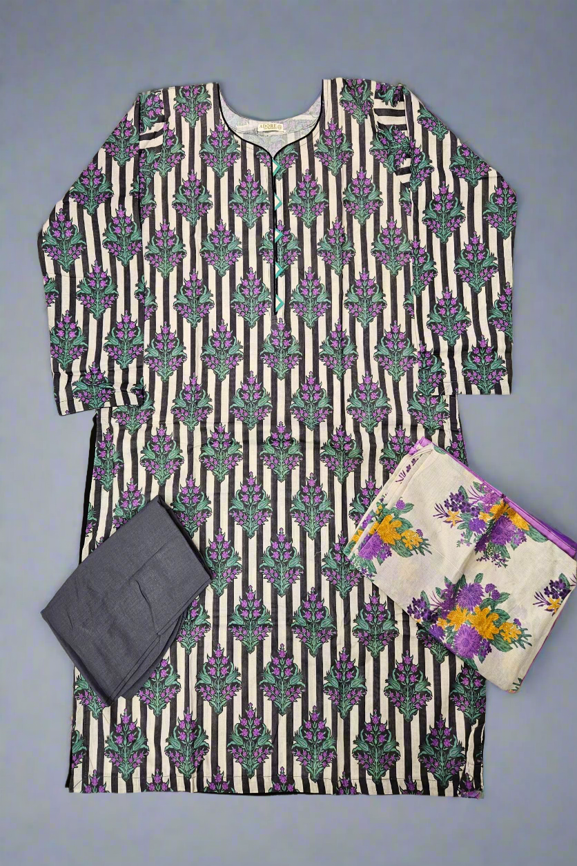 ALK Black & Grape Floral Shalwar Kameez | Cotton Pakistani Suit (Sizes M-7XL)