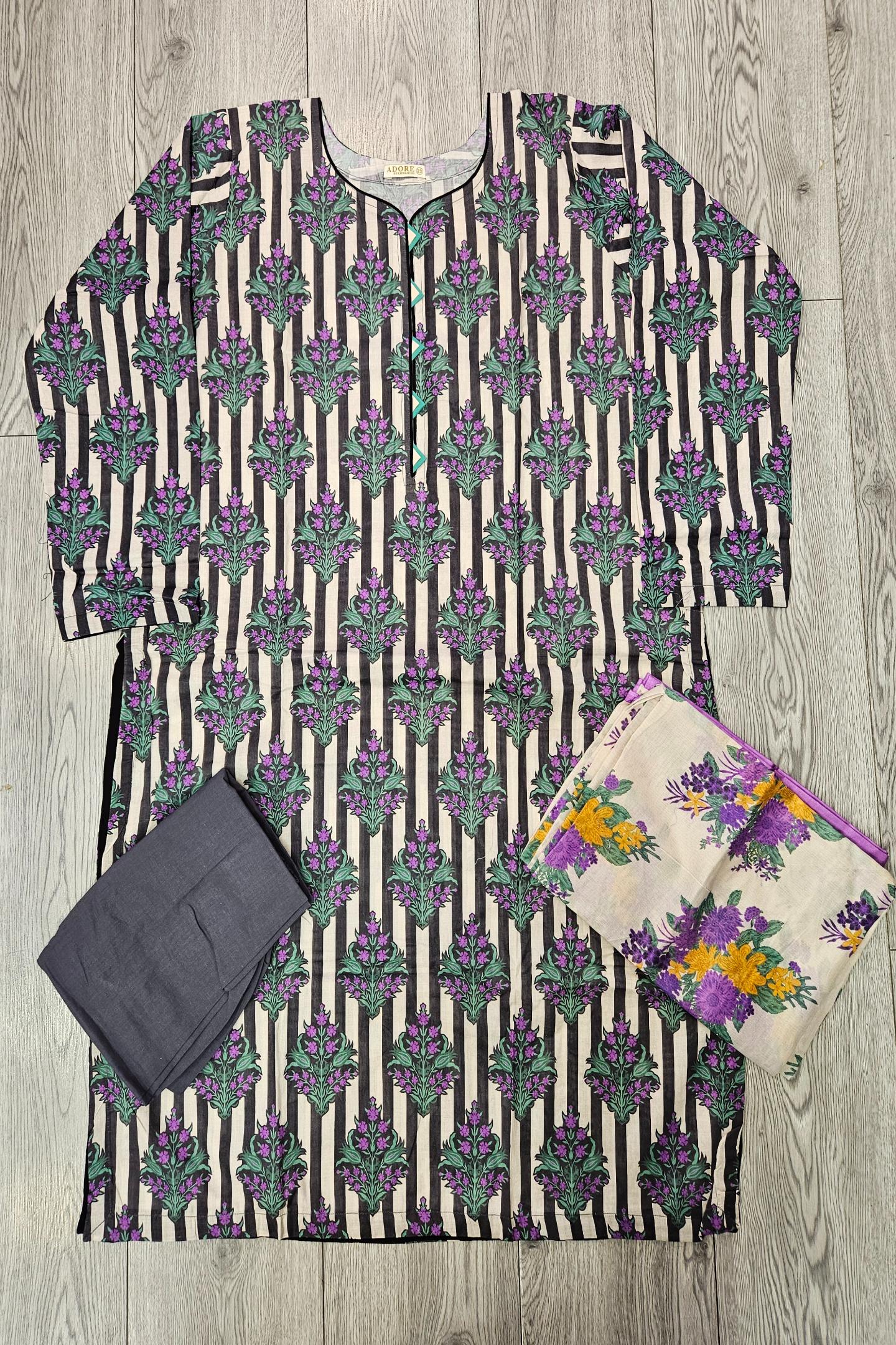 ALK Black & Grape Floral Shalwar Kameez | Cotton Pakistani Suit (Sizes M-7XL)