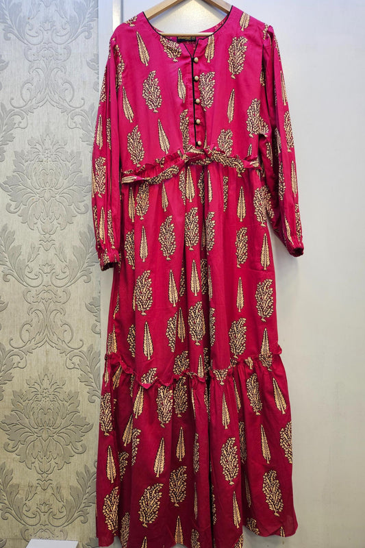 Blossom & Grace Cerise Pink & Cream Floral Maxi Dress with Belt & Button Front | Cotton | Sizes S to 7XL
