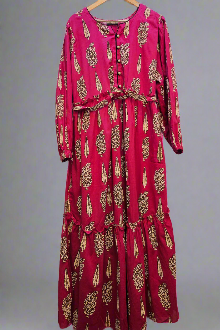 Blossom & Grace Cerise Pink & Cream Floral Maxi Dress with Belt & Button Front | Cotton | Sizes S to 7XL