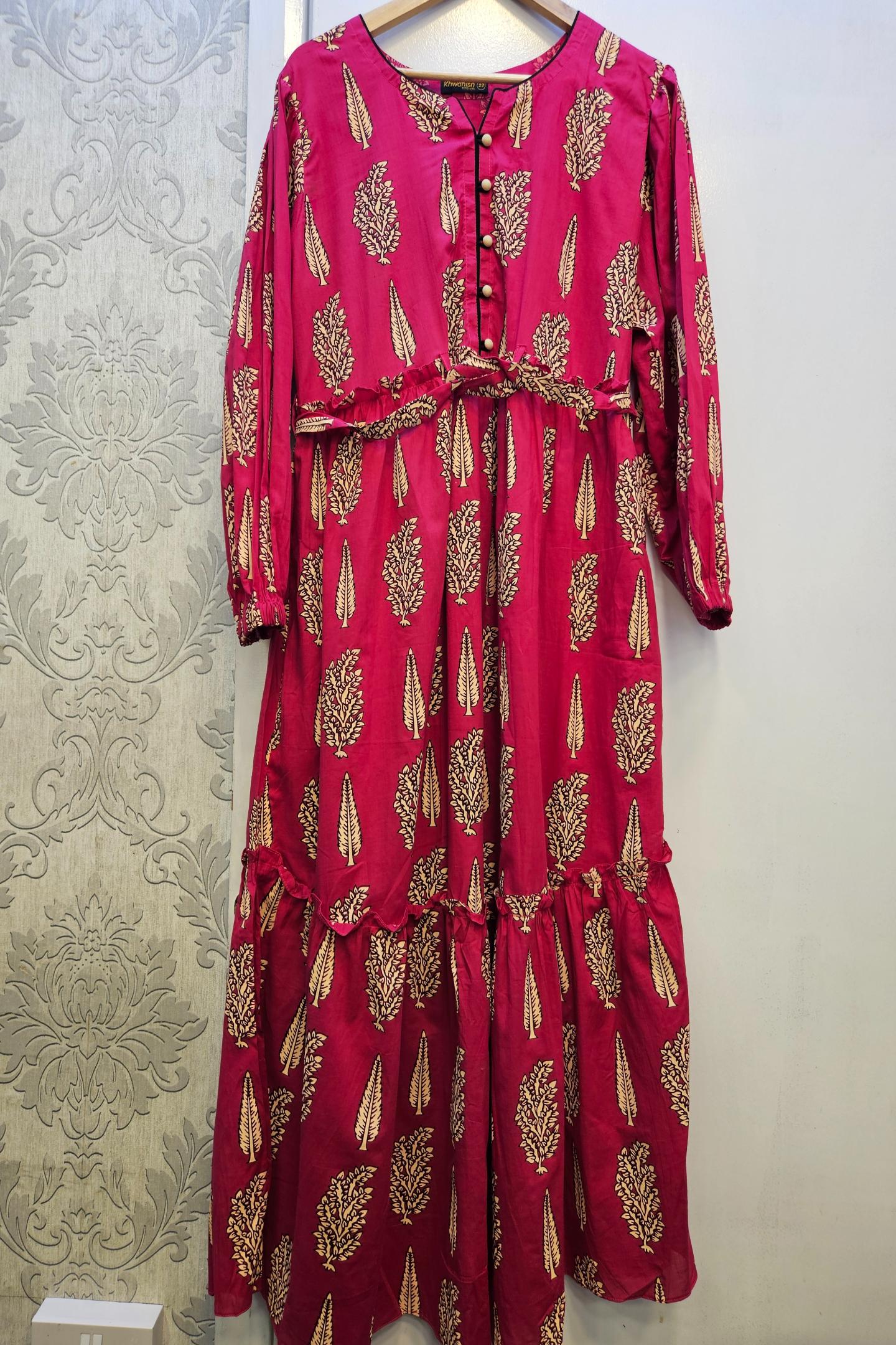 Blossom & Grace Cerise Pink & Cream Floral Maxi Dress with Belt & Button Front | Cotton | Sizes S to 7XL