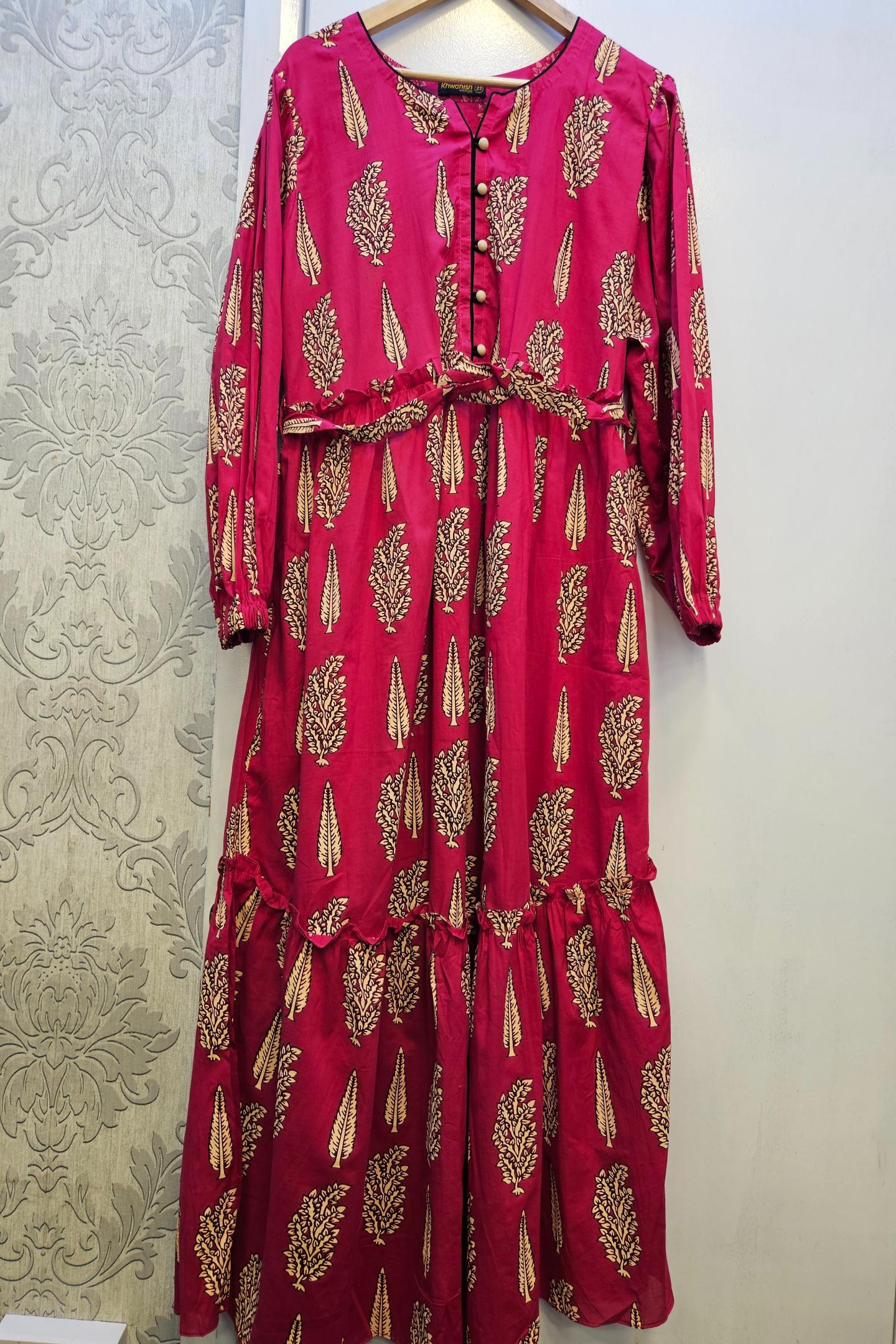 Blossom & Grace Cerise Pink & Cream Floral Maxi Dress with Belt & Button Front | Cotton | Sizes S to 7XL