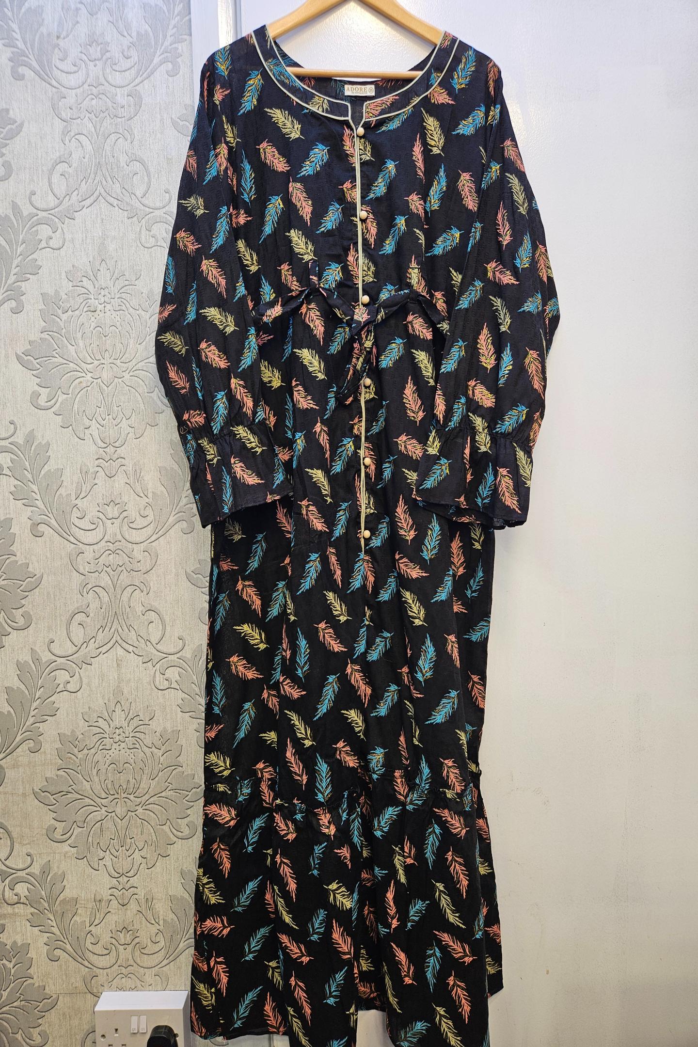 Midnight Blooms Black, Blue & Coral Floral Maxi Dress with Belt | Button Front | Sizes S-7XL