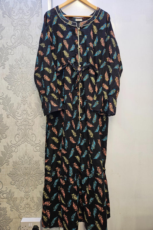 Midnight Blooms Black, Blue & Coral Floral Maxi Dress with Belt | Button Front | Sizes S-7XL
