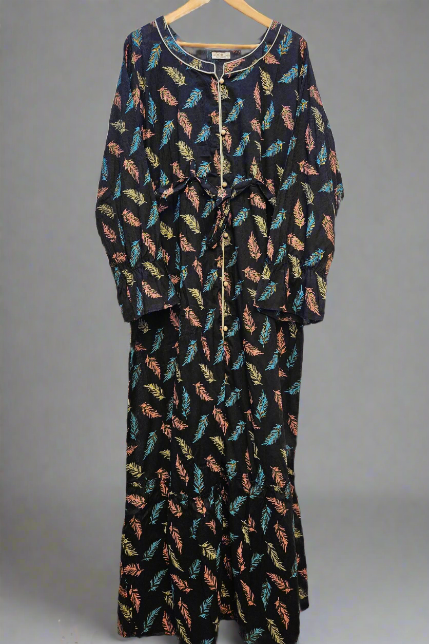 Midnight Blooms Black, Blue & Coral Floral Maxi Dress with Belt | Button Front | Sizes S-7XL