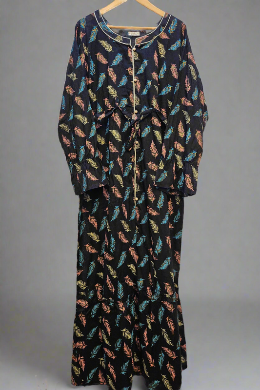 Midnight Blooms Black, Blue & Coral Floral Maxi Dress with Belt | Button Front | Sizes S-7XL
