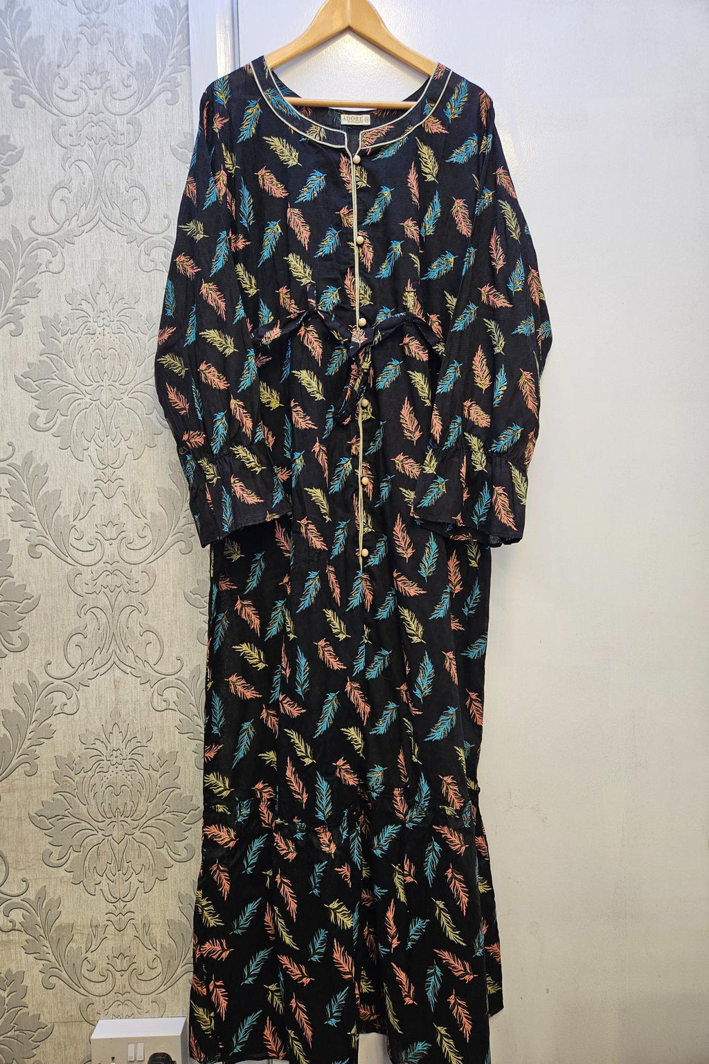 Midnight Blooms Black, Blue & Coral Floral Maxi Dress with Belt | Button Front | Sizes S-7XL