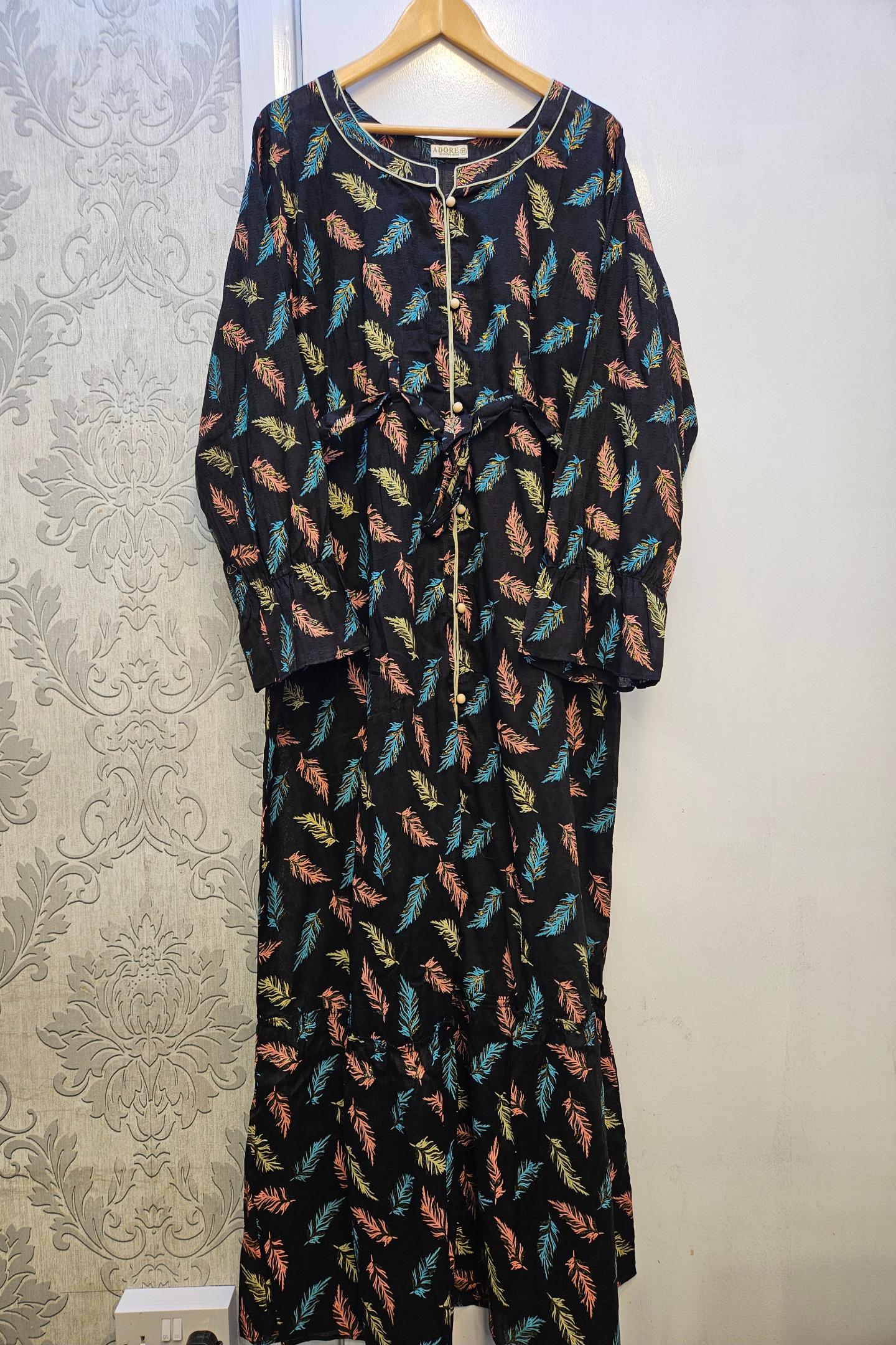 Midnight Blooms Black, Blue & Coral Floral Maxi Dress with Belt | Button Front | Sizes S-7XL