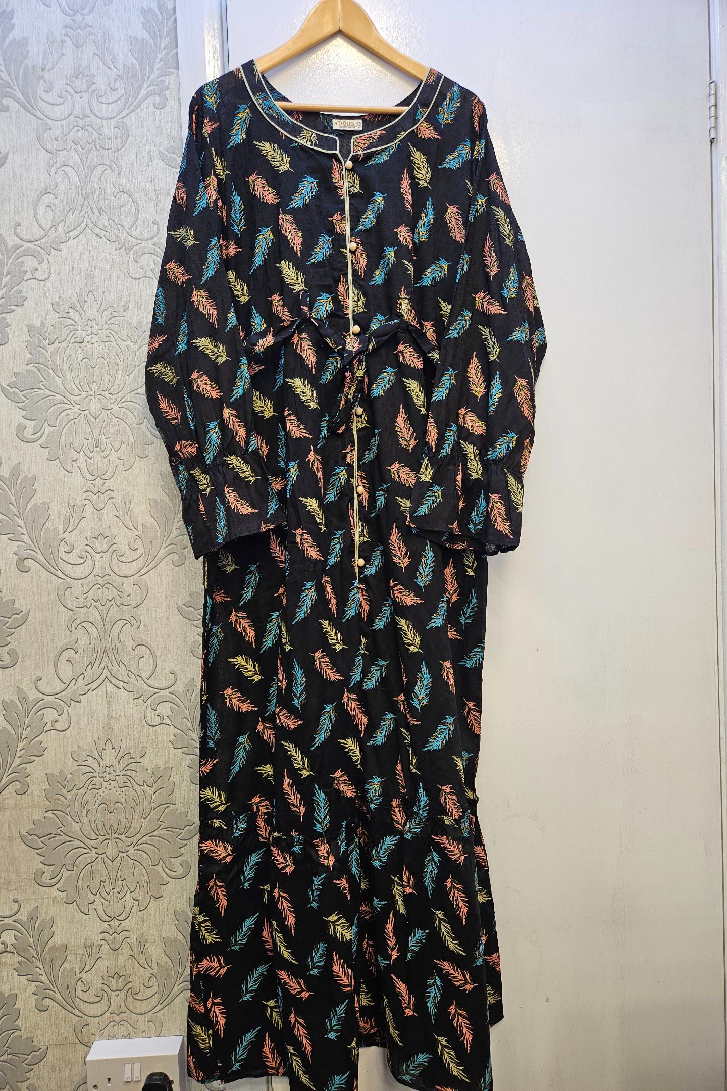 Midnight Blooms Black, Blue & Coral Floral Maxi Dress with Belt | Button Front | Sizes S-7XL