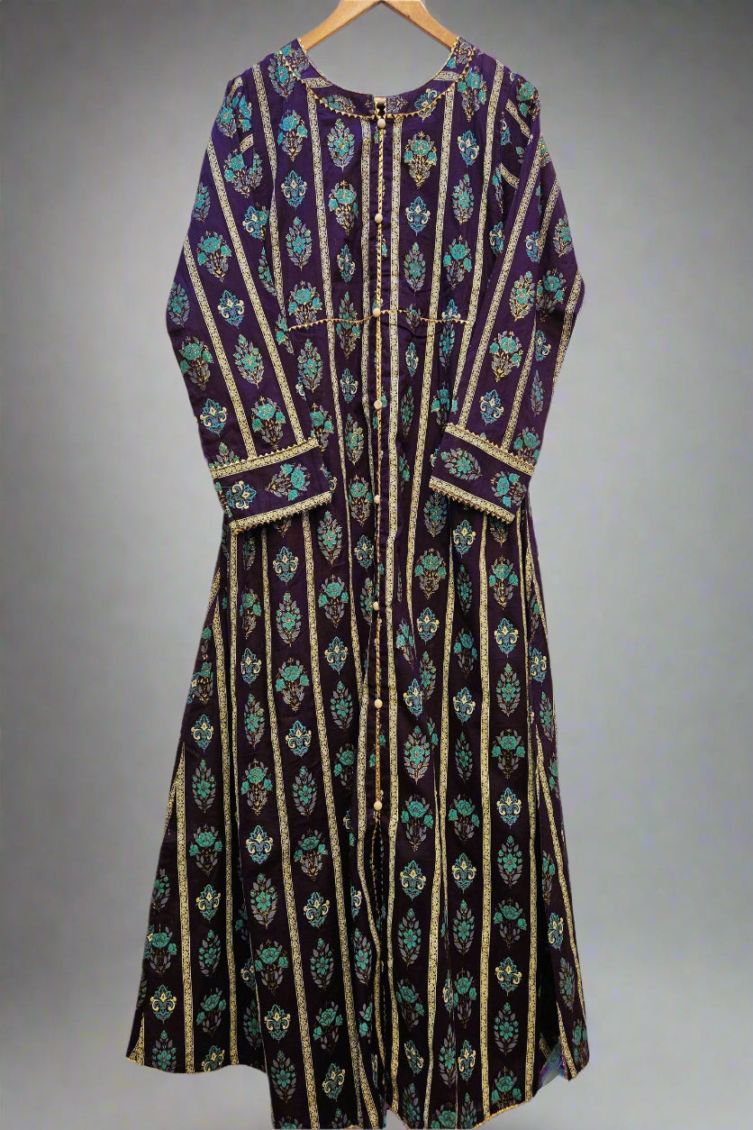 Royal Botanical Deep Purple Gold & Green Cotton Maxi Dress | Elegant Floral Print | Sizing S to 7XL