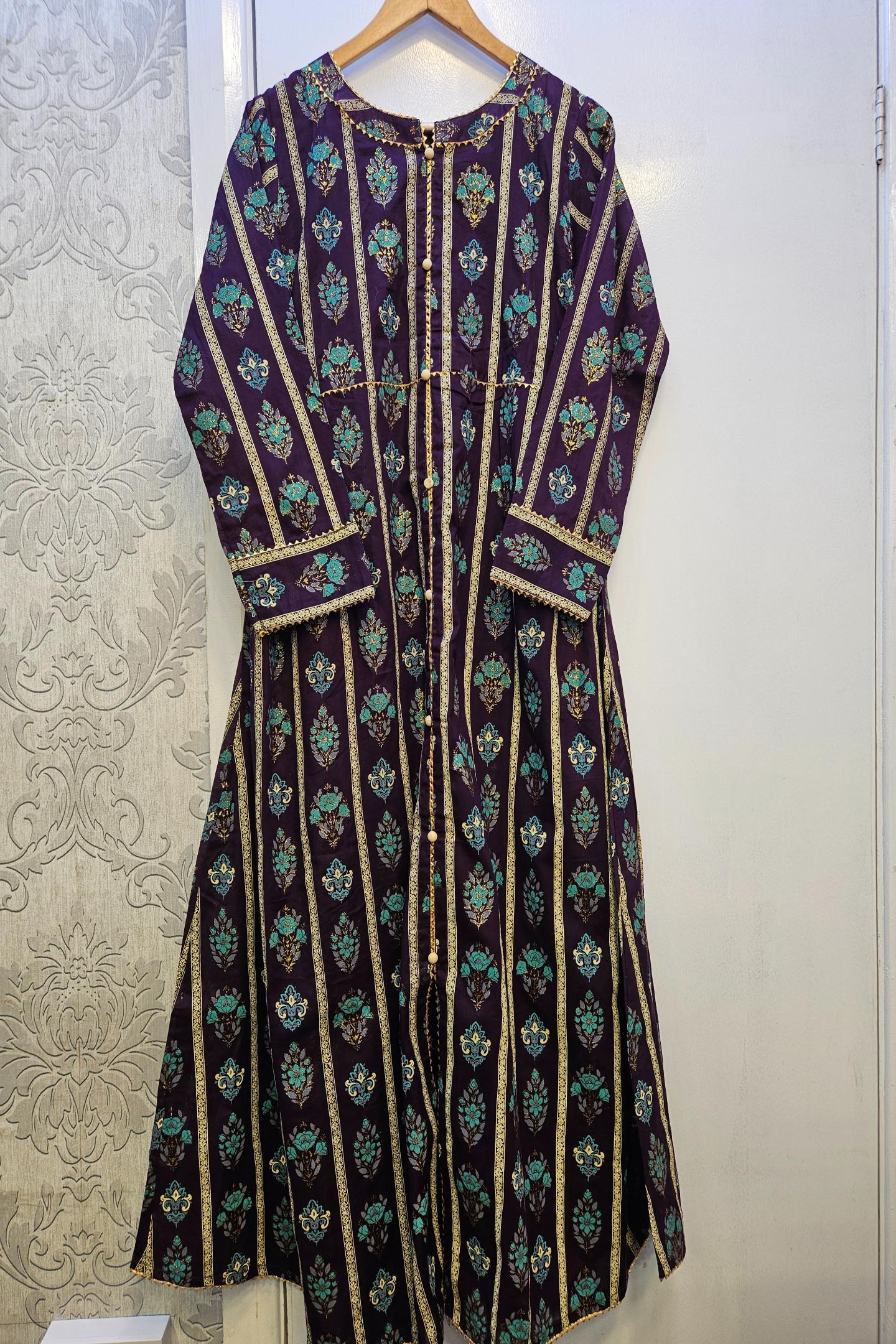 Royal Botanical Deep Purple Gold & Green Cotton Maxi Dress | Elegant Floral Print | Sizing S to 7XL