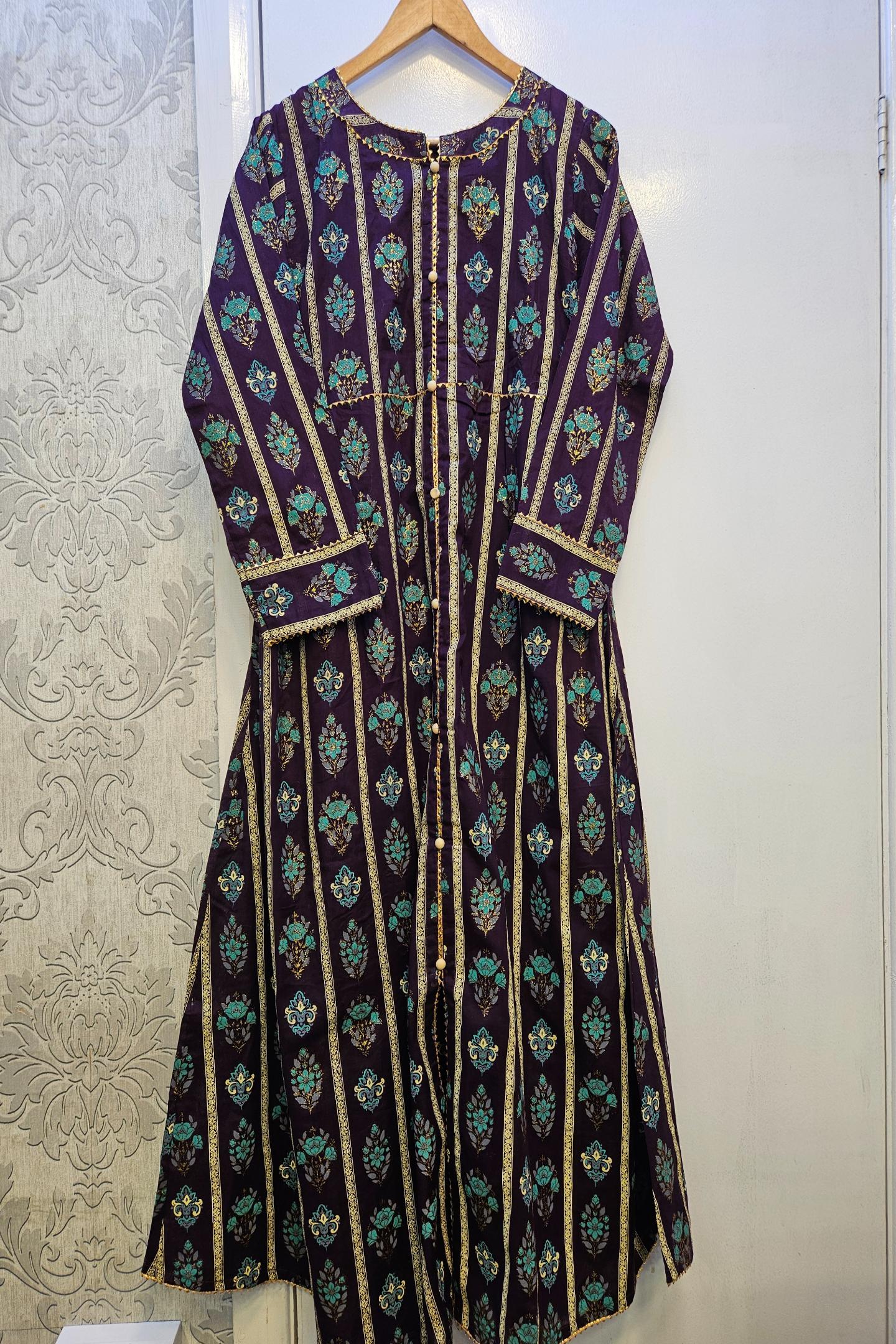 Royal Botanical Deep Purple Gold & Green Cotton Maxi Dress | Elegant Floral Print | Sizing S to 7XL