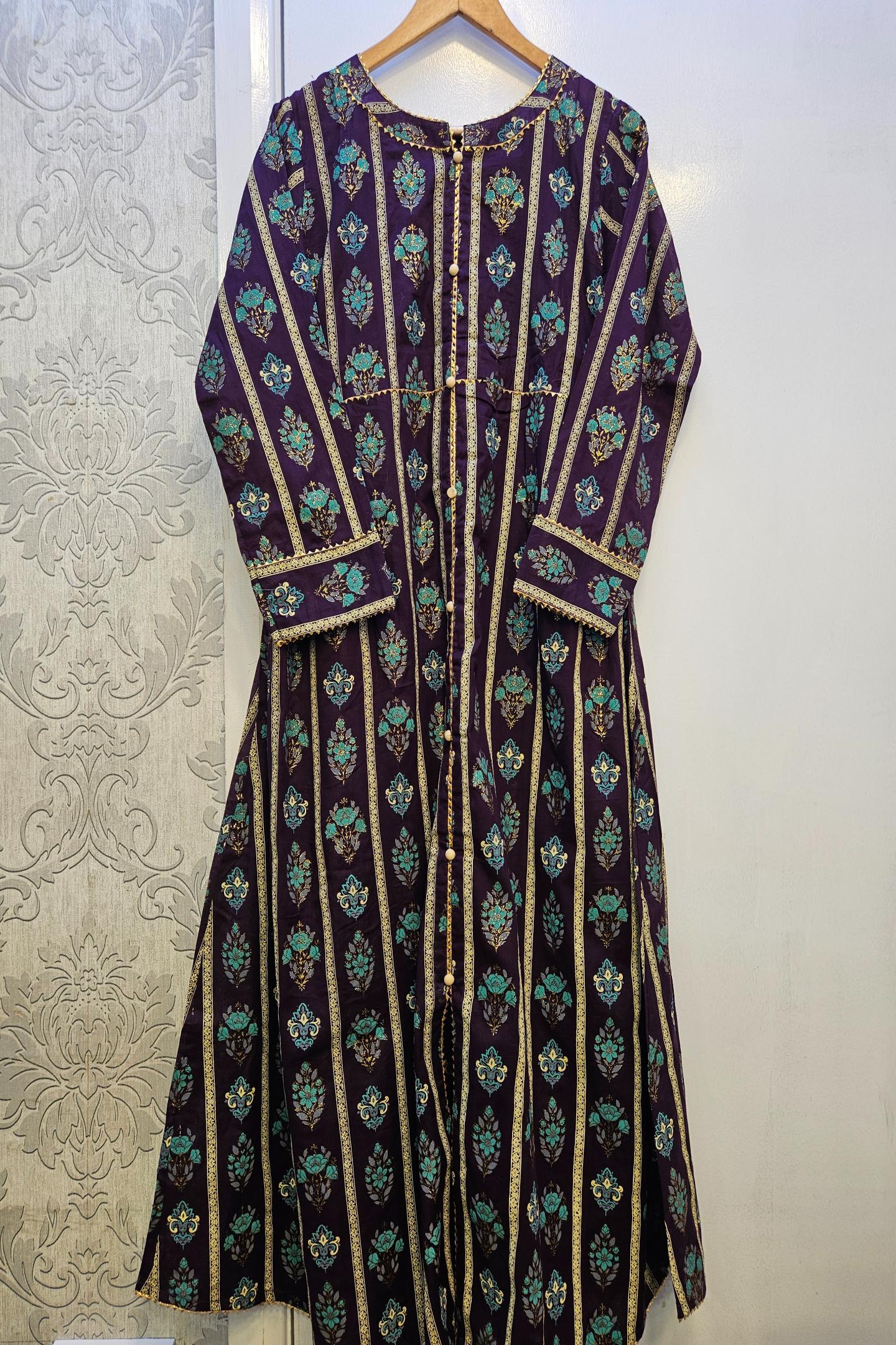 Royal Botanical Deep Purple Gold & Green Cotton Maxi Dress | Elegant Floral Print | Sizing S to 7XL