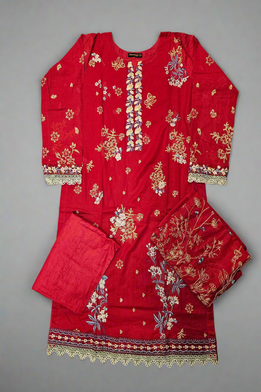 Radiant Ruby: Multi-Colour Embroidered Viscose Shalwar Kameez (Small to 7XL)