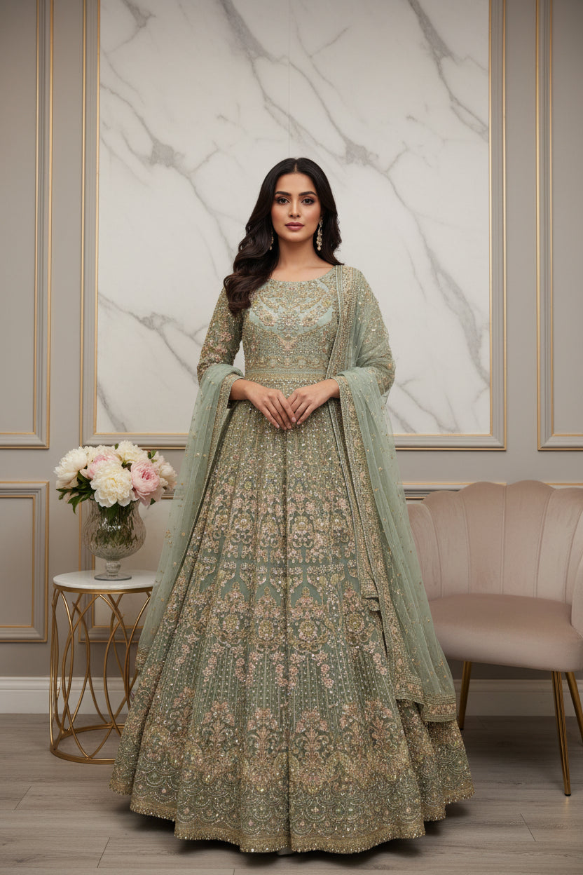 Enchanted Garden: Mint Green and Peach Pink Embellished Net Maxi Dress with Organza Dupatta (Small to 7XL)