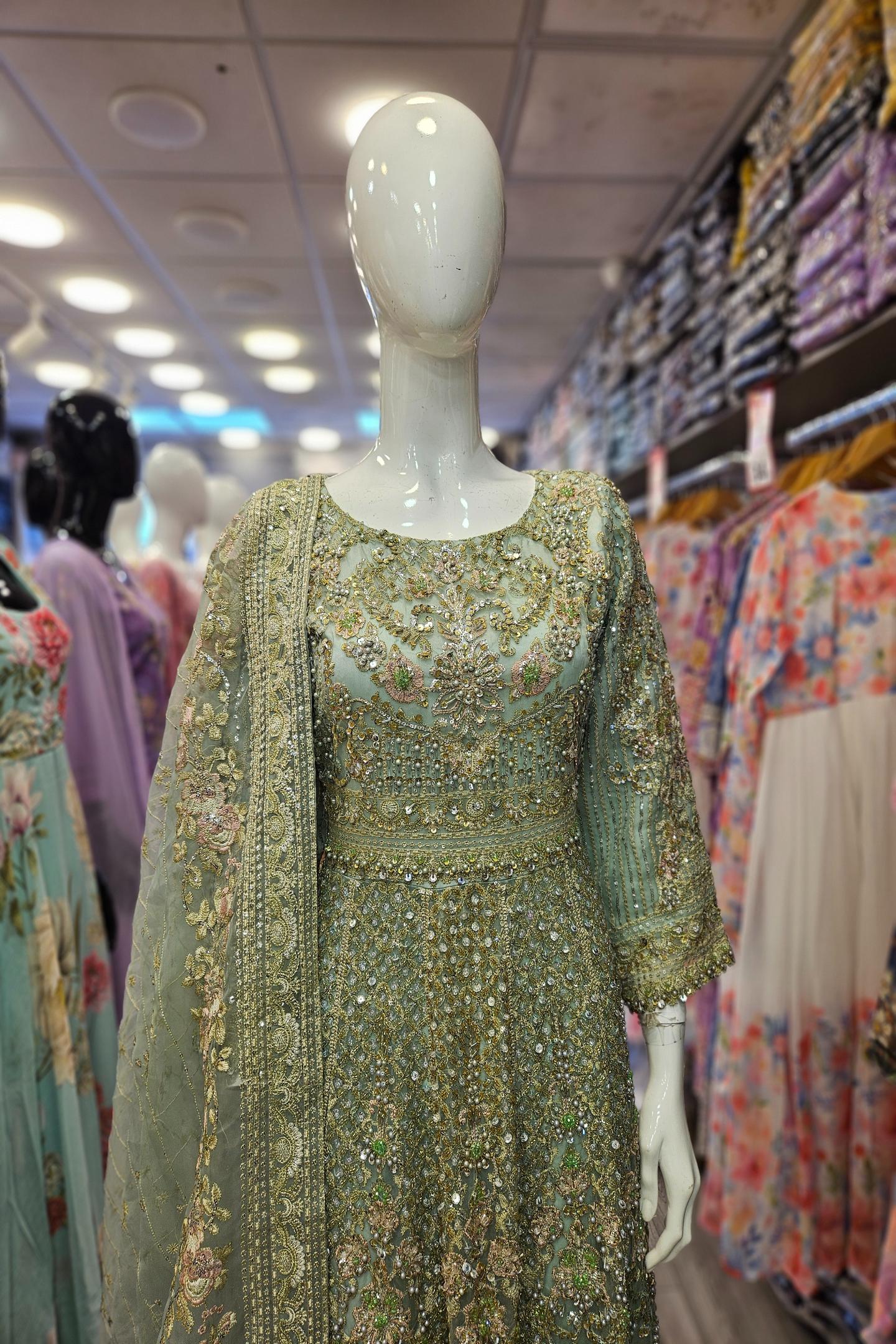 Enchanted Garden: Mint Green and Peach Pink Embellished Net Maxi Dress with Organza Dupatta (Small to 7XL)