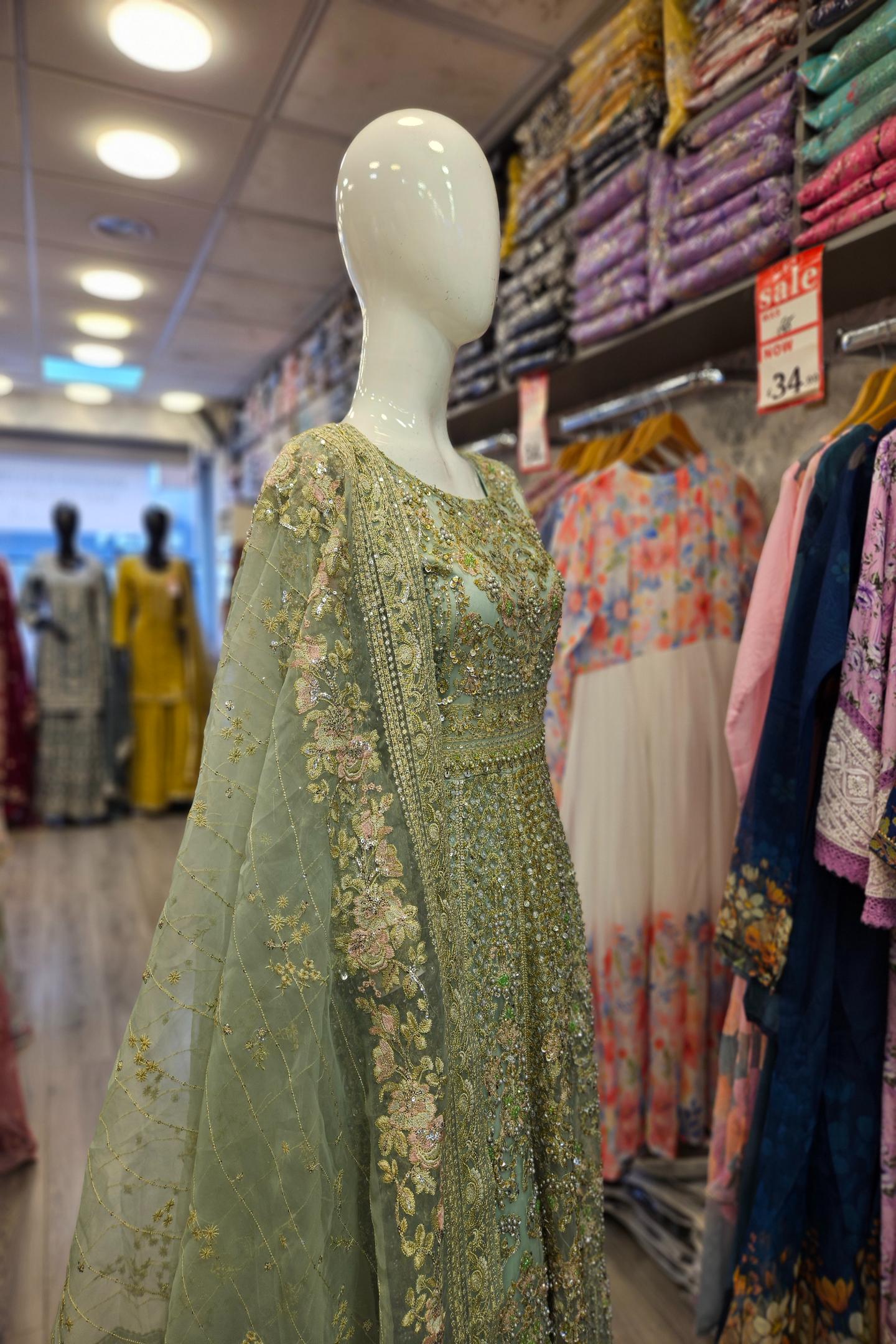 Enchanted Garden: Mint Green and Peach Pink Embellished Net Maxi Dress with Organza Dupatta (Small to 7XL)