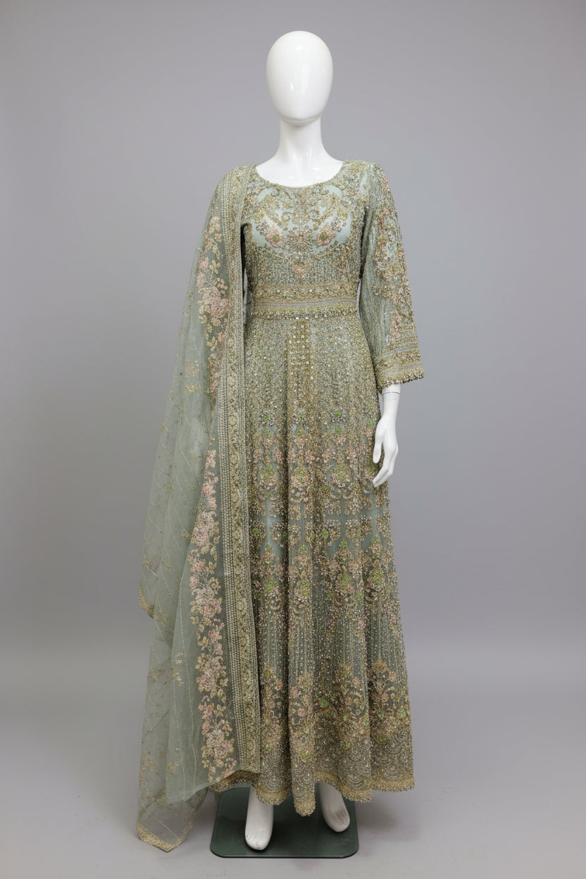 Enchanted Garden: Mint Green and Peach Pink Embellished Net Maxi Dress with Organza Dupatta (Small to 7XL)