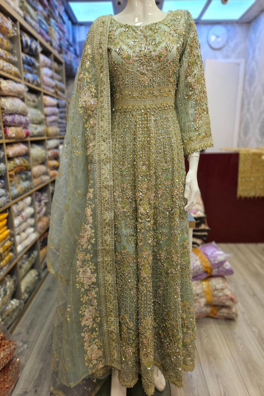 Enchanted Garden: Mint Green and Peach Pink Embellished Net Maxi Dress with Organza Dupatta (Small to 7XL)
