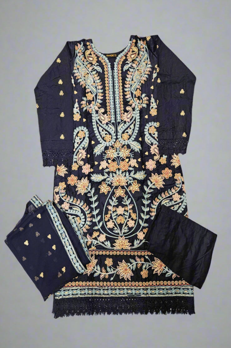 ETHN Navy Blue Embroidered Kameez | Peach & Red Thread Work | Viscose Pakistani Suit (M-7XL)