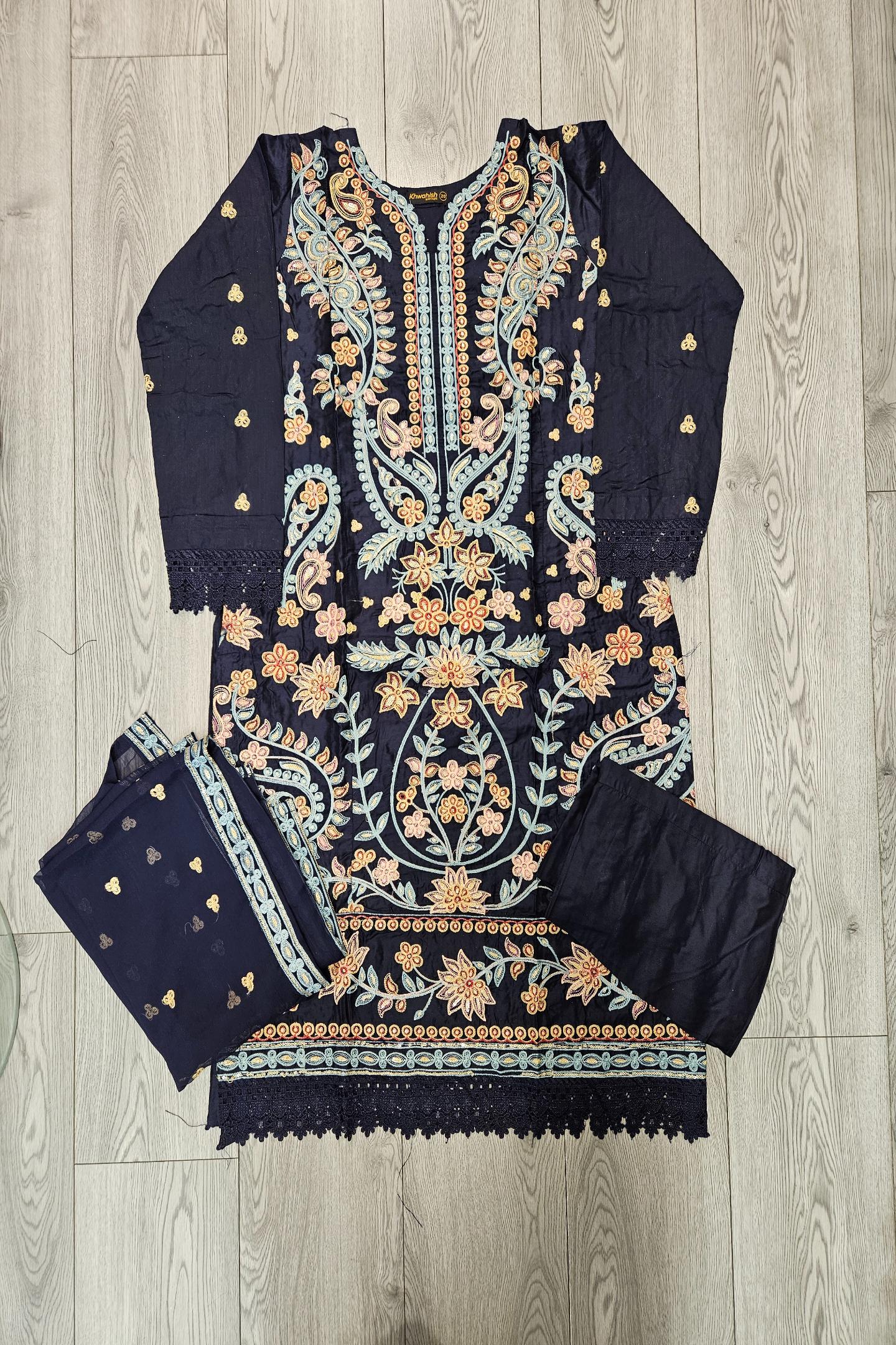 ETHN Navy Blue Embroidered Kameez | Peach & Red Thread Work | Viscose Pakistani Suit (M-7XL)