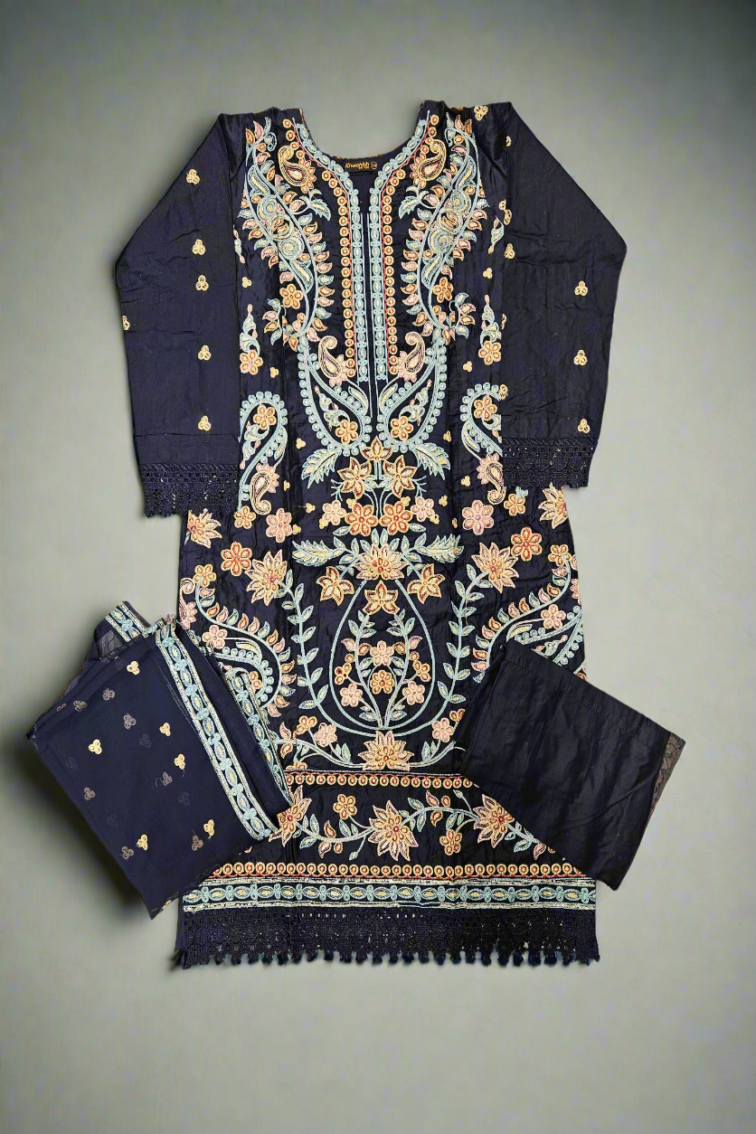 ETHN Navy Blue Embroidered Kameez | Peach & Red Thread Work | Viscose Pakistani Suit (M-7XL)