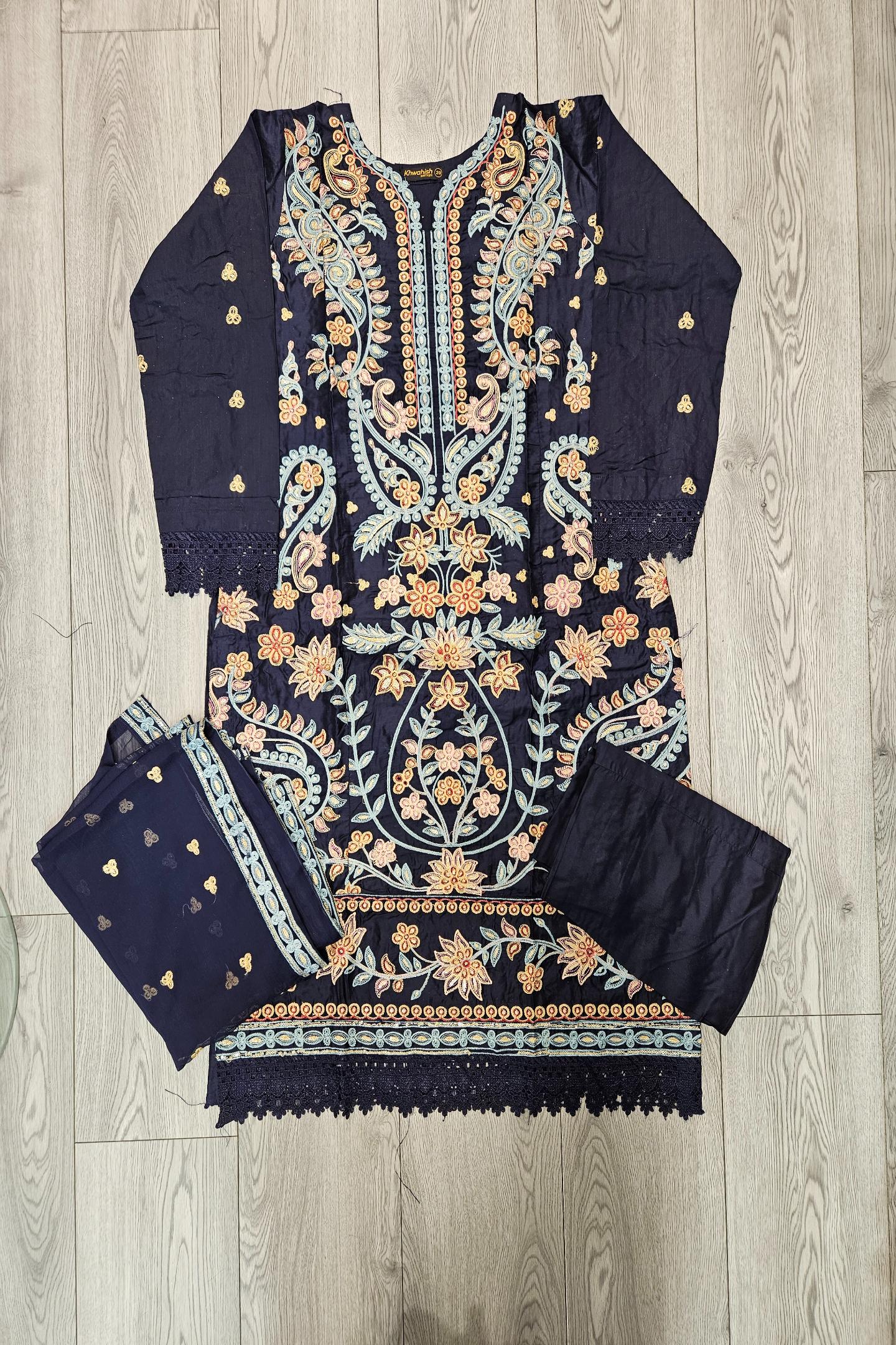 ETHN Navy Blue Embroidered Kameez | Peach & Red Thread Work | Viscose Pakistani Suit (M-7XL)