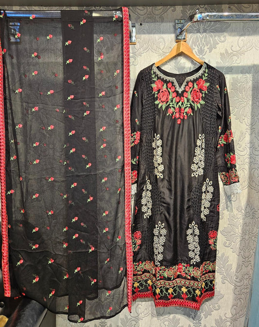 ETHN Black Chikan Kameez | White & Pink Thread Embroidery | Laser Cut Viscose Suit (M-7XL)