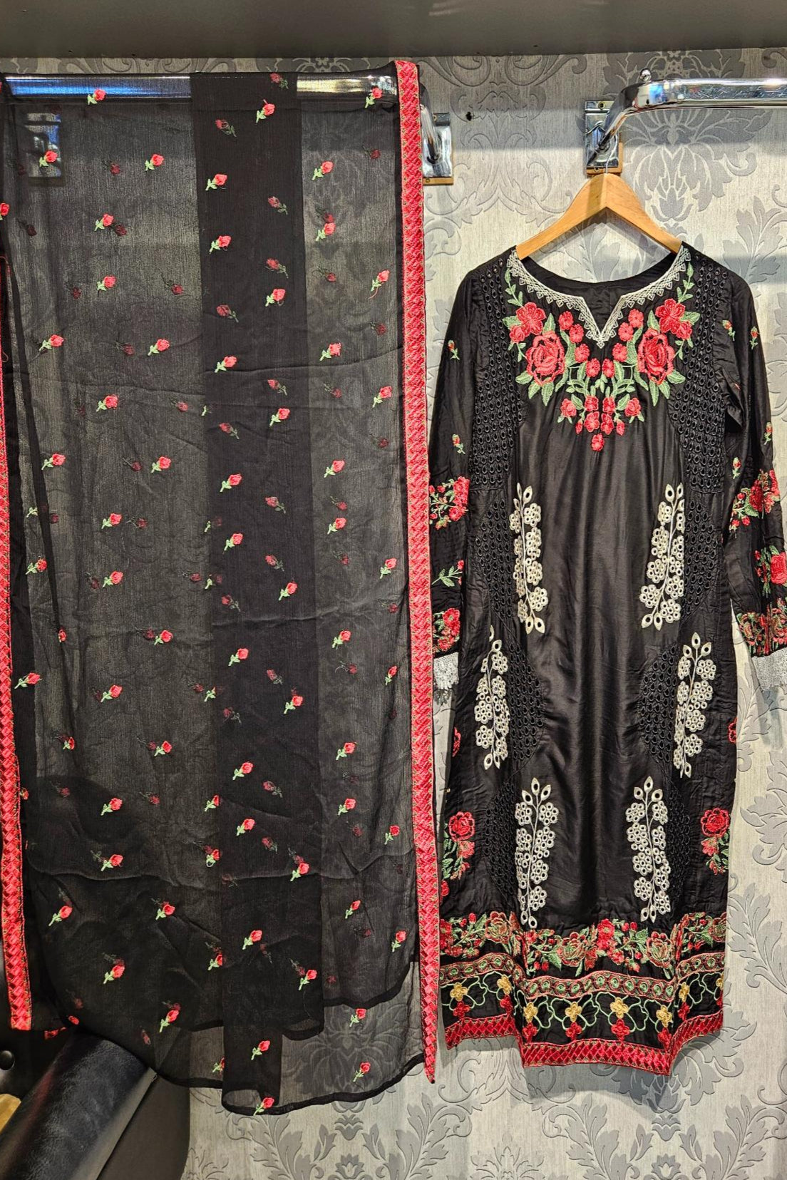 ETHN Black Chikan Kameez | White & Pink Thread Embroidery | Laser Cut Viscose Suit (M-7XL)