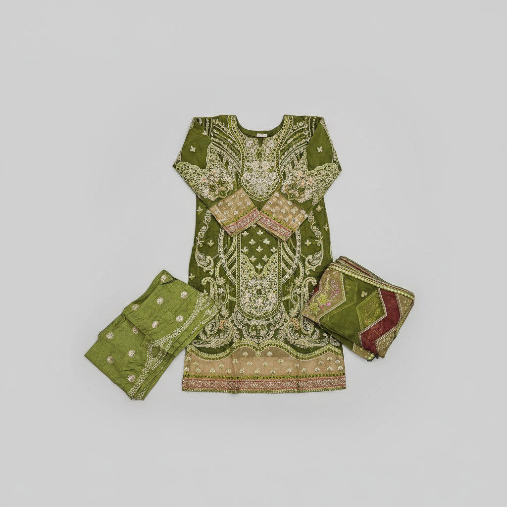 Title: ELF Seaweed Green | Hand Embroidered Organza Kameez with Embroidered Dupatta Sharara Set

