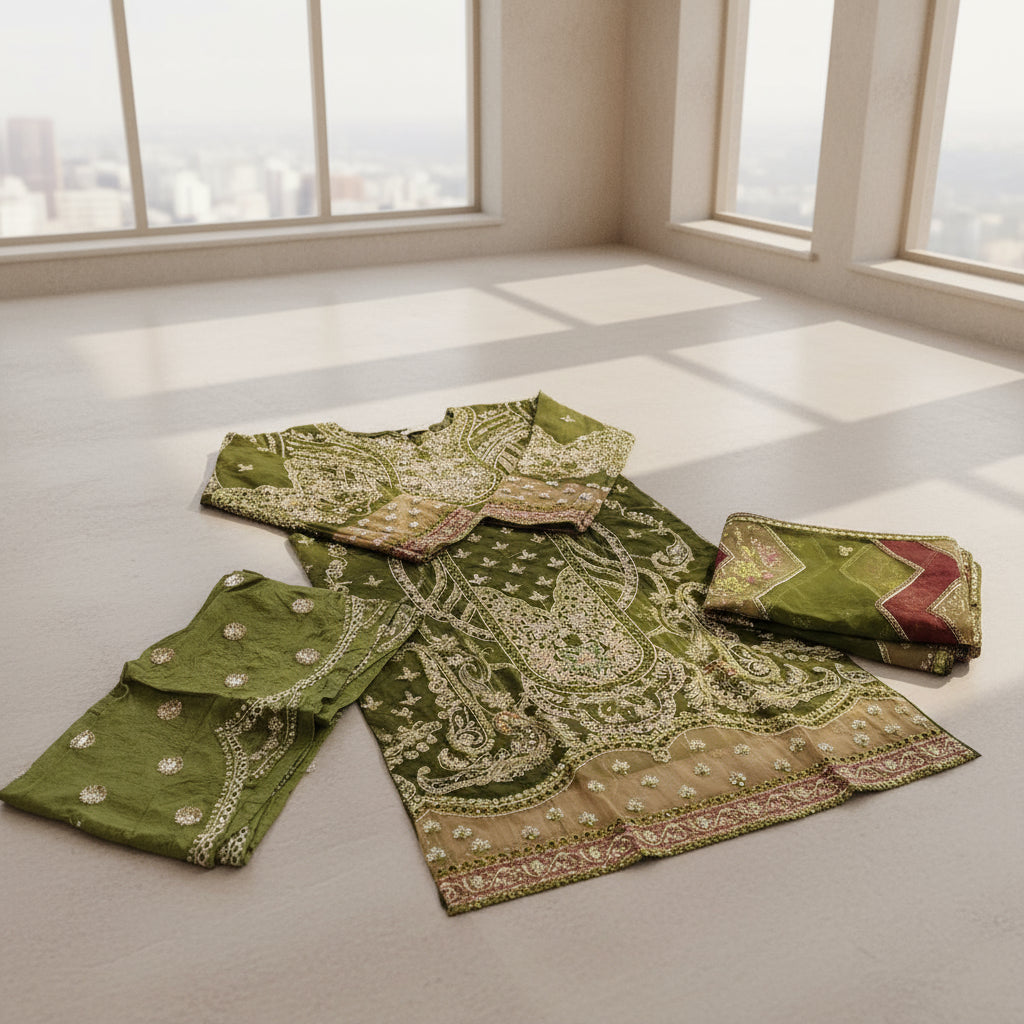 ELF Seaweed Green | Hand Embroidered Organza Kameez Embroidered Dupatta Sharara Set