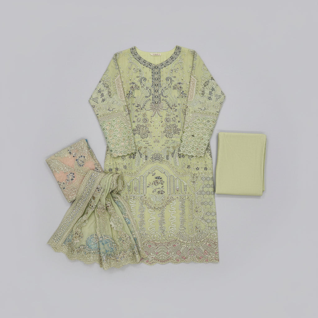 Light green embroidered traditional outfit with matching dupatta on a gray background