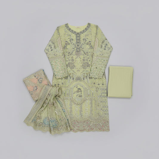 Light green embroidered traditional outfit with matching dupatta on a gray background