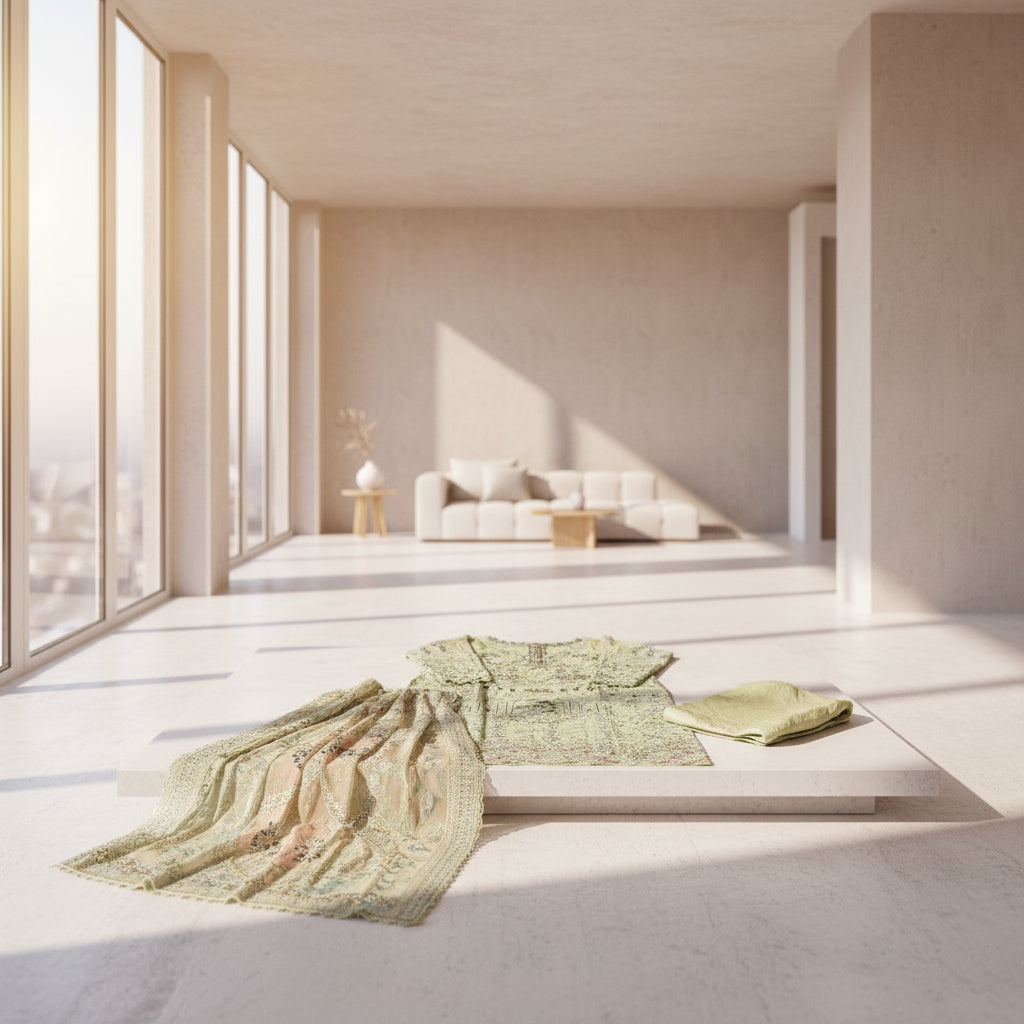 Light green embroidered traditional outfit on a wooden surface