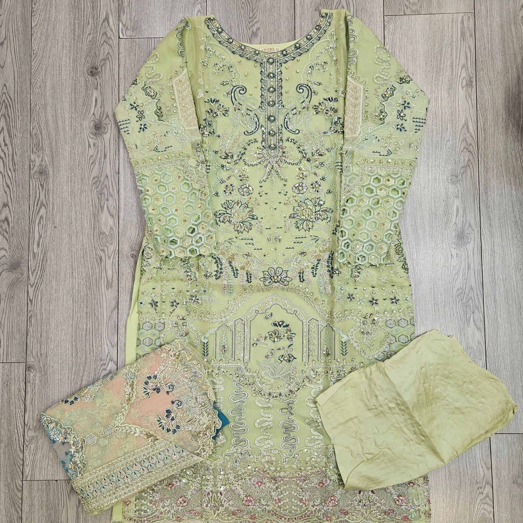 NUR Pastel Pistachio Green Organza Suit | Hand Embellished Kameez & Dupatta | Luxury Pakistani Formal Wear