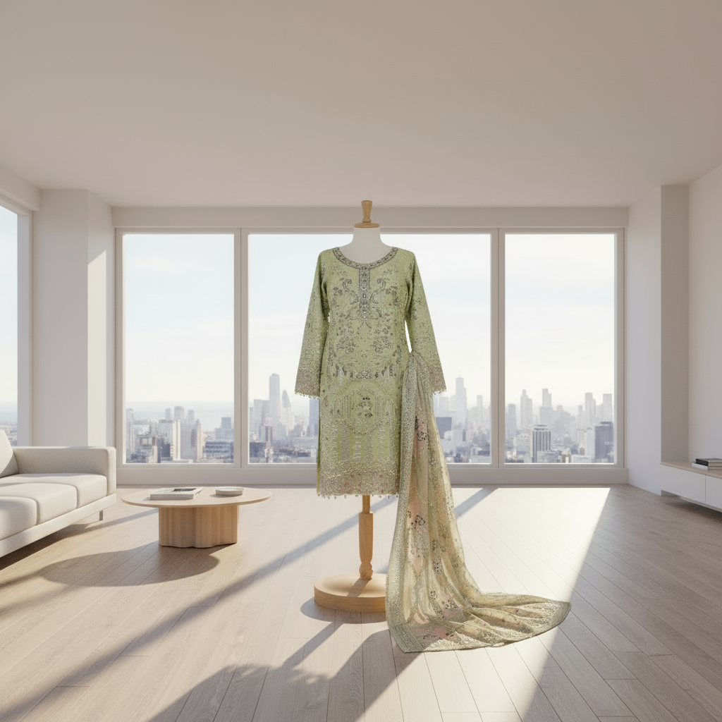 NUR Pastel Pistachio Green Organza Suit | Hand Embellished Kameez & Dupatta | Luxury Pakistani Formal Wear