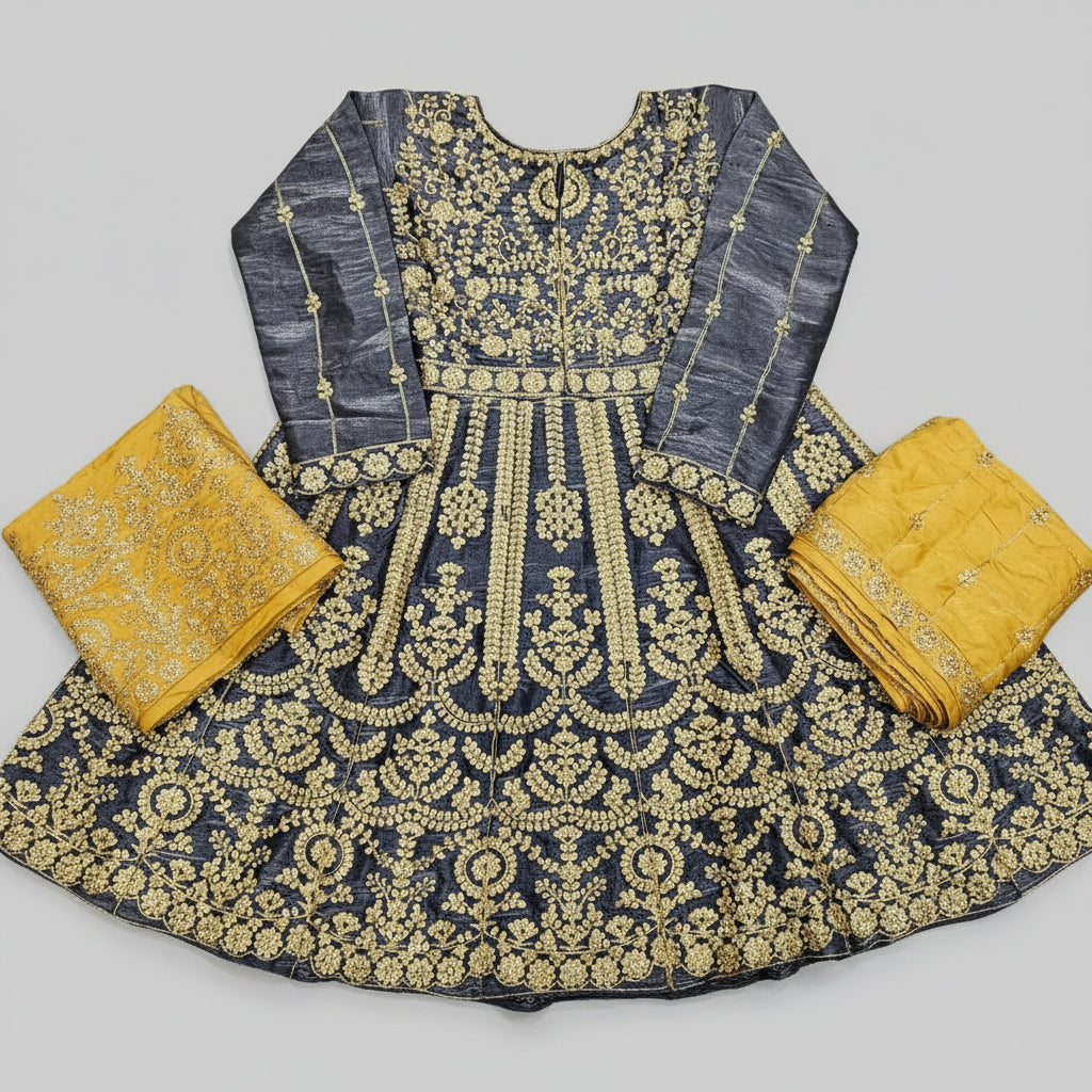 Grey Silk Peplum Top & Gold Embroidered Sharara Set | All-Over Embroidery | Sizes Small-8XL