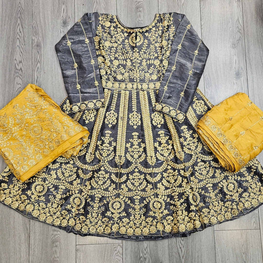 Grey Silk Peplum Top & Gold Embroidered Sharara Set | All-Over Embroidery | Sizes Small-8XL