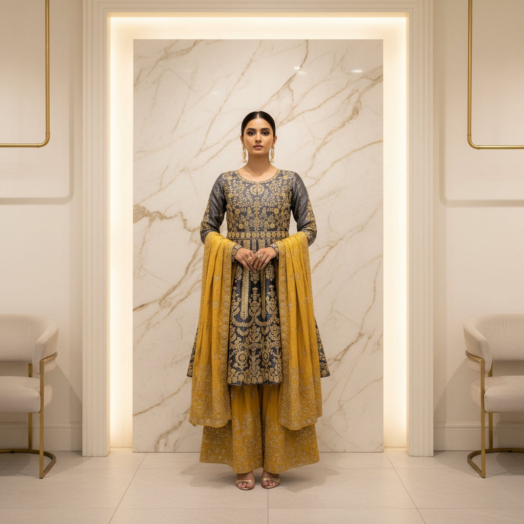 Grey Silk Peplum Top & Gold Embroidered Sharara Set | All-Over Embroidery | Sizes Small-8XL